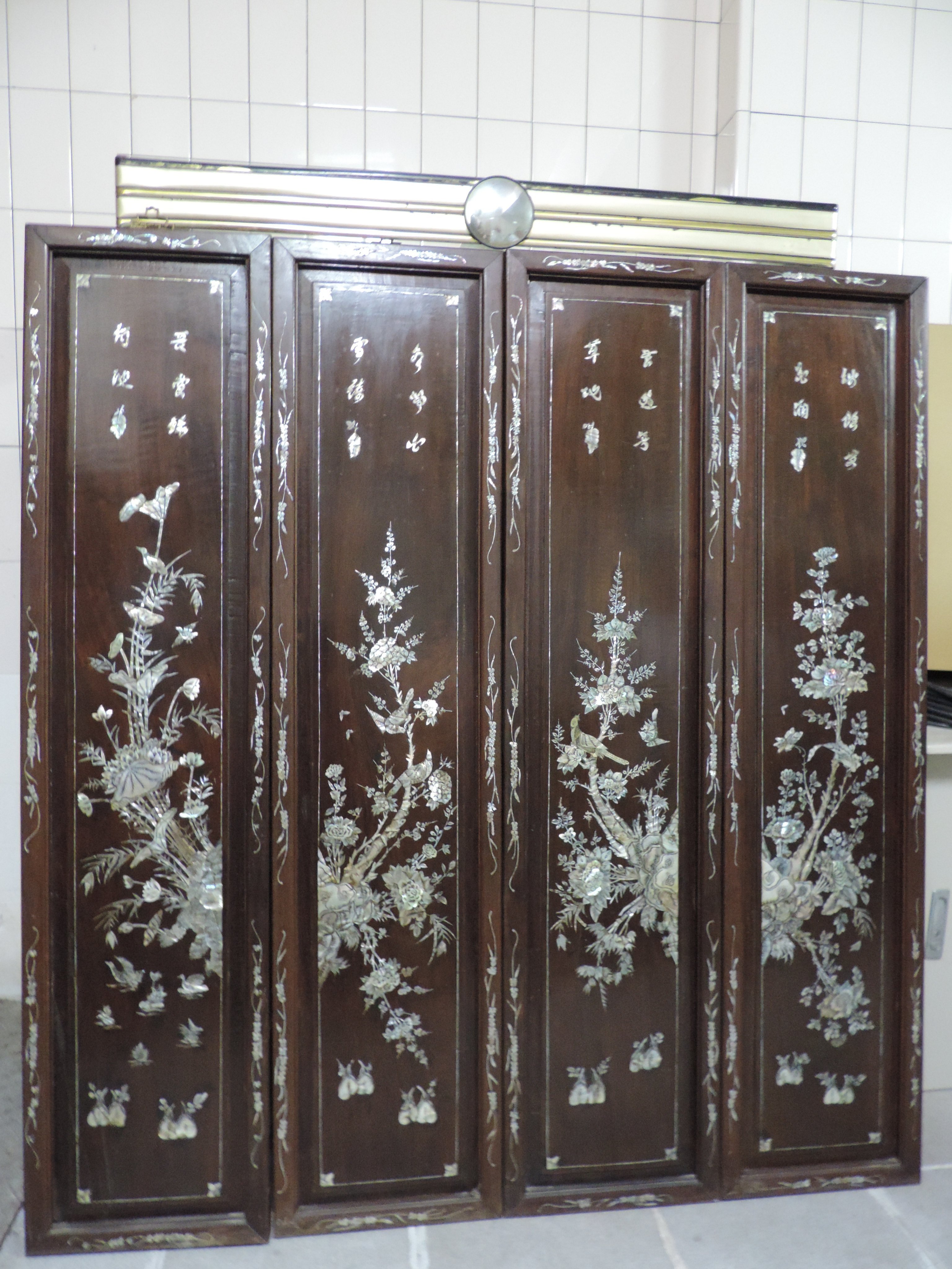 早期收藏~老件四片式鑲貝掛畫紅木鑲崁螺鈿鏍鈿貝殼壁掛吊屏美飾掛匾春