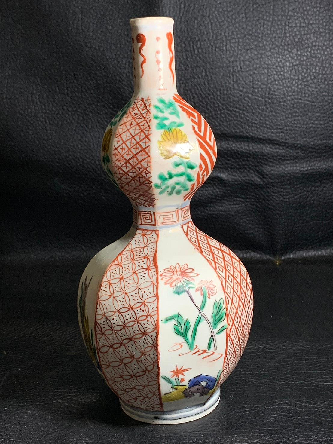 藏舊尋寶屋】老日本九谷燒陶藝家作色繪花卉紋瓢形瓷德利/酒壺附原裝