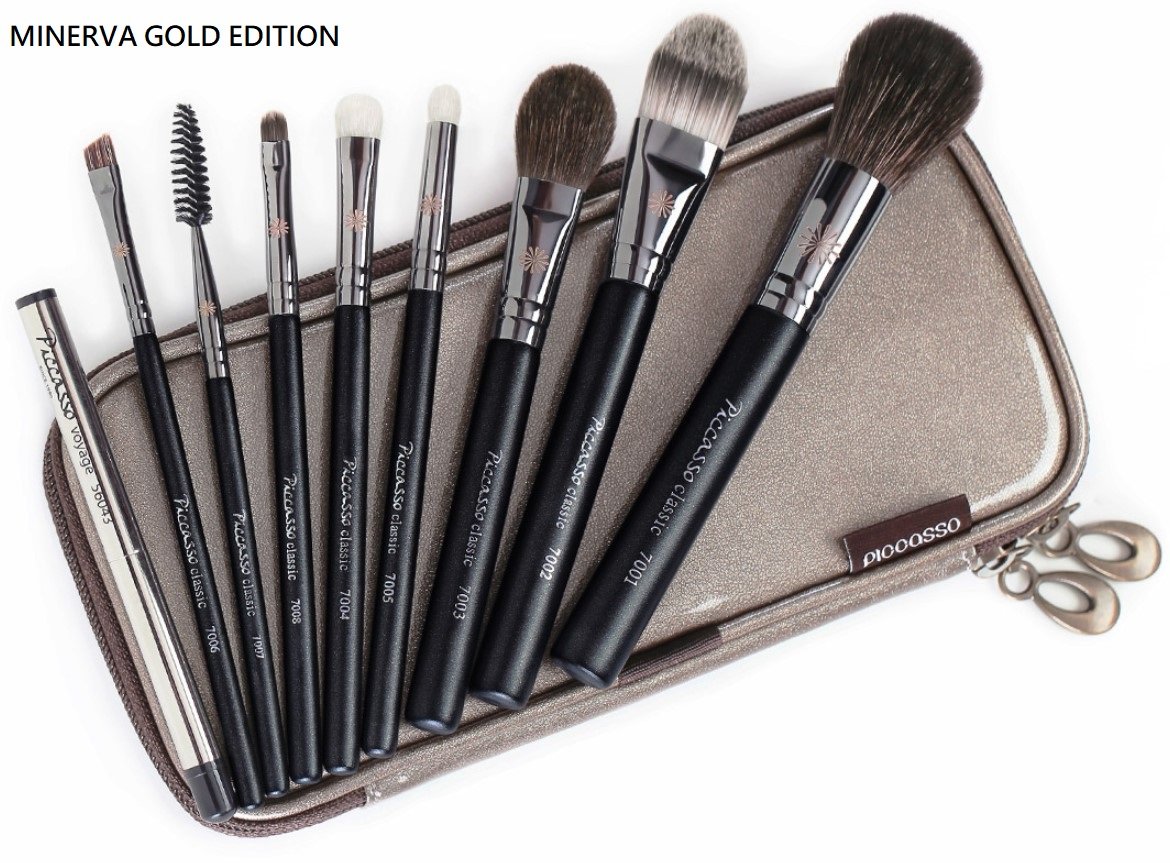 韓國PICCASSO 便攜九件套刷+金棕色刷包超值刷具組【愛來客】眼影刷粉底刷唇刷眉刷眼線刷腮紅刷蜜粉刷|