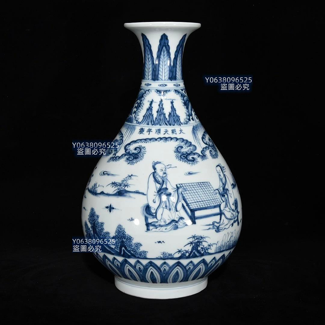 明天順青花人物故事紋玉壺春瓶，34×21，700707 青花官窯五彩二手【古雲