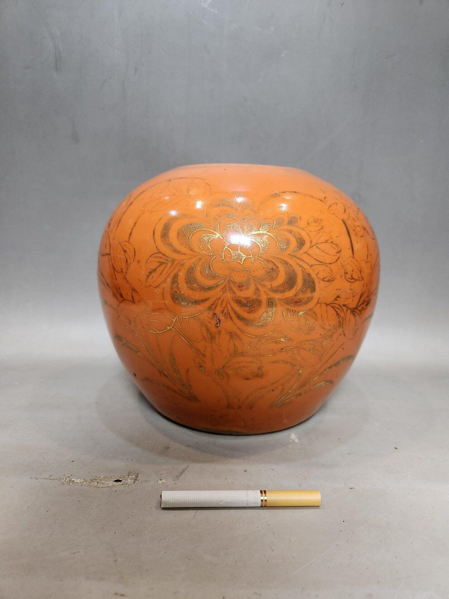 嚴選民國珊瑚紅描金花卉罐直徑21cm 高18cm 爆釉邊口十字花紋收藏品古董