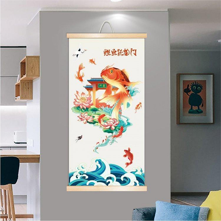 書法年畫鯉魚跳龍門魚躍龍門旗開得勝高考金榜題名祈愿供奉卷軸木掛畫