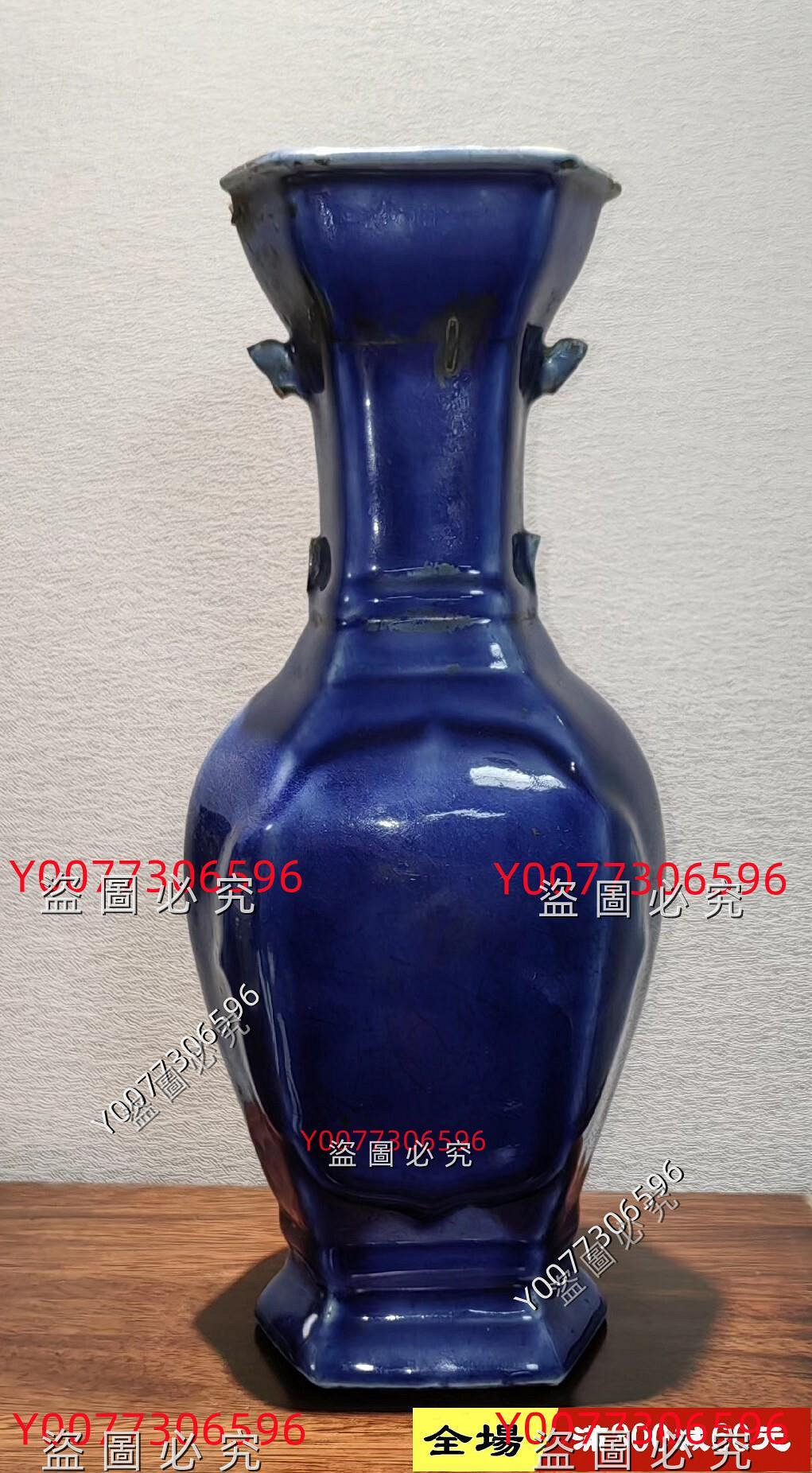 清代早期雍正乾隆大號霽藍四方瓶，色一流，器形漂亮，六方造型，釉水肥