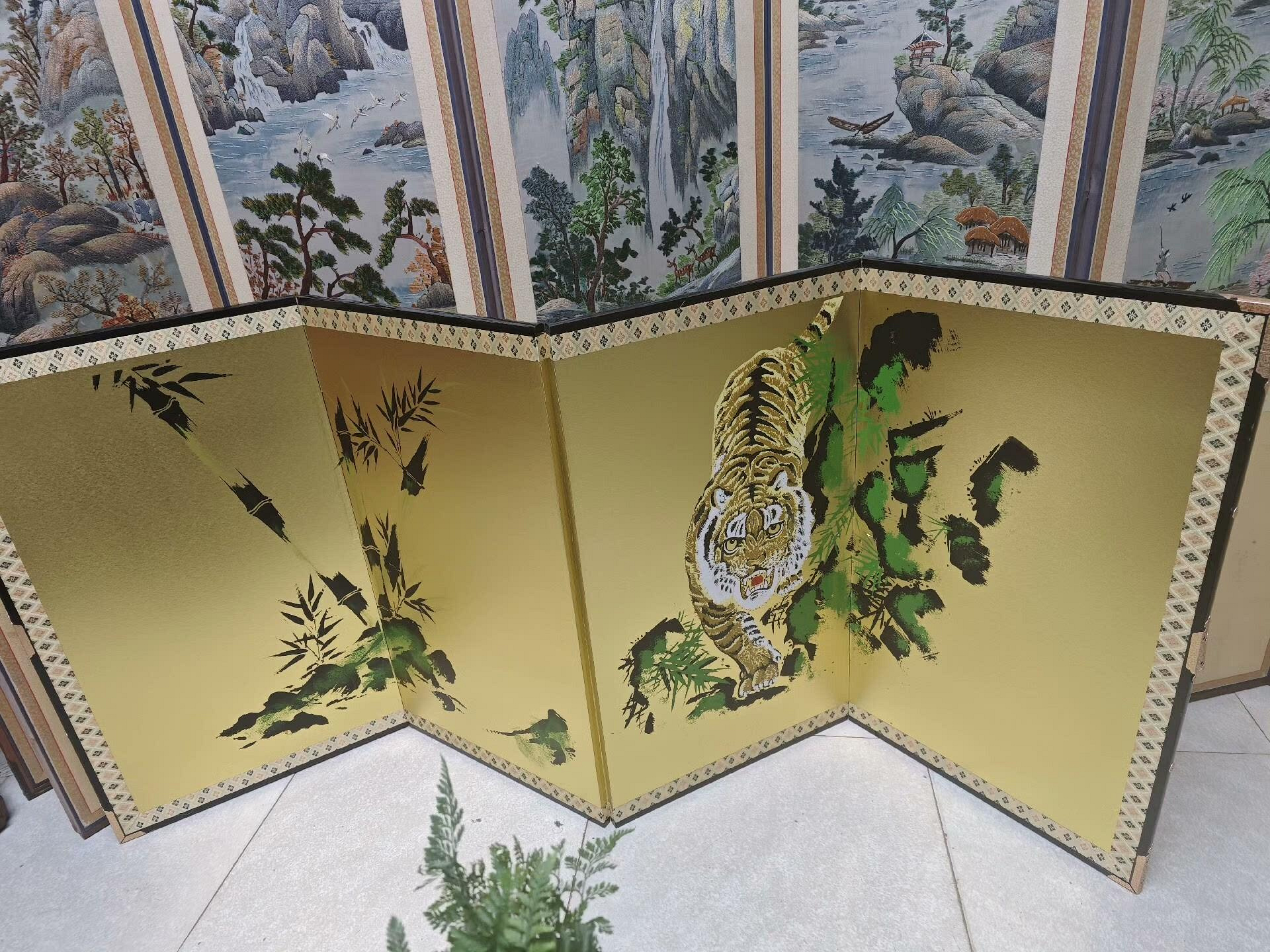 日本中古，金箔“竹虎圖”四折屏風/掛畫日本金箔屏風，日本屏風金箔隔斷