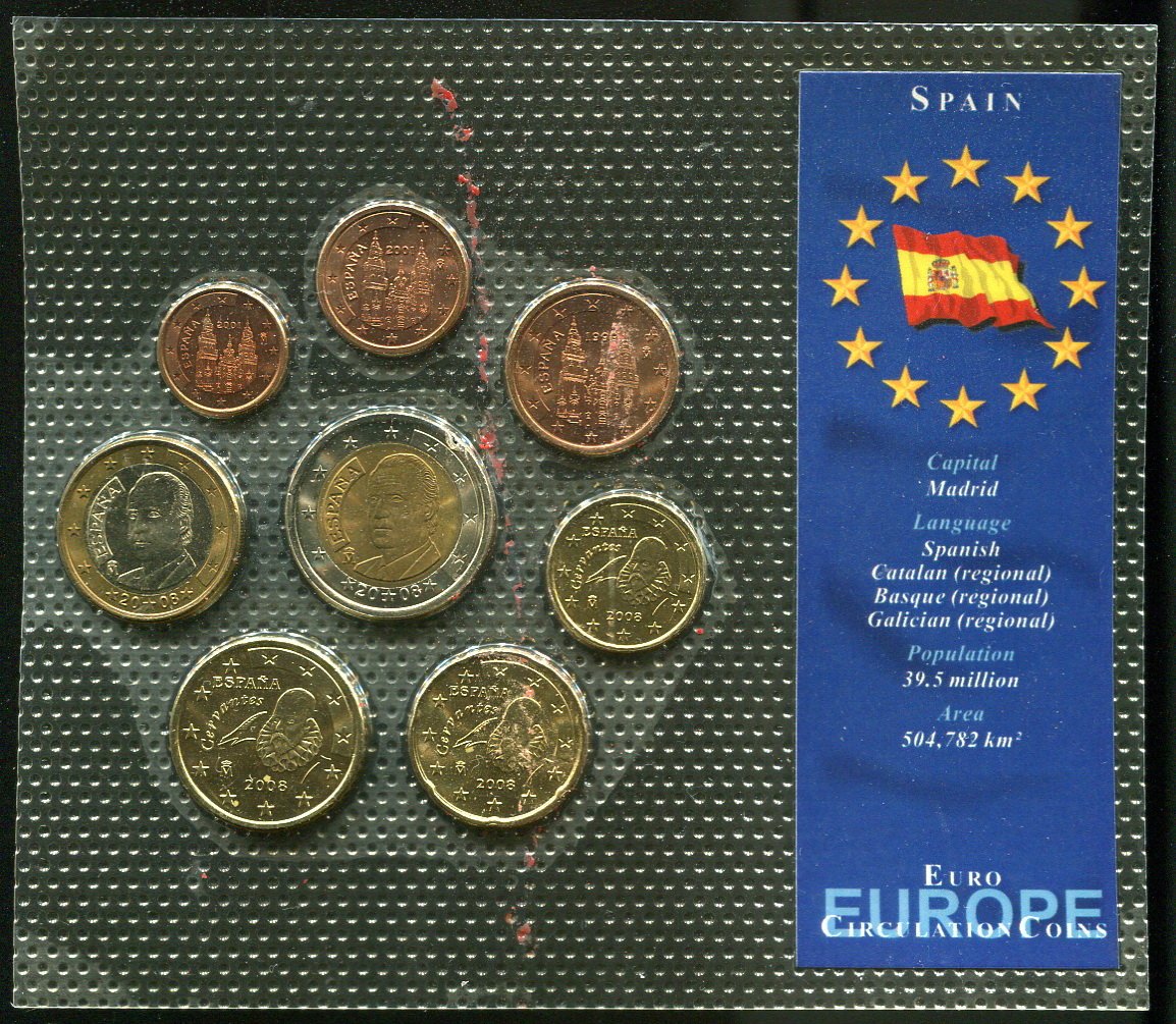 Spain（西班牙硬幣），歐元八枚一套，品相全新UNC | Yahoo拍賣
