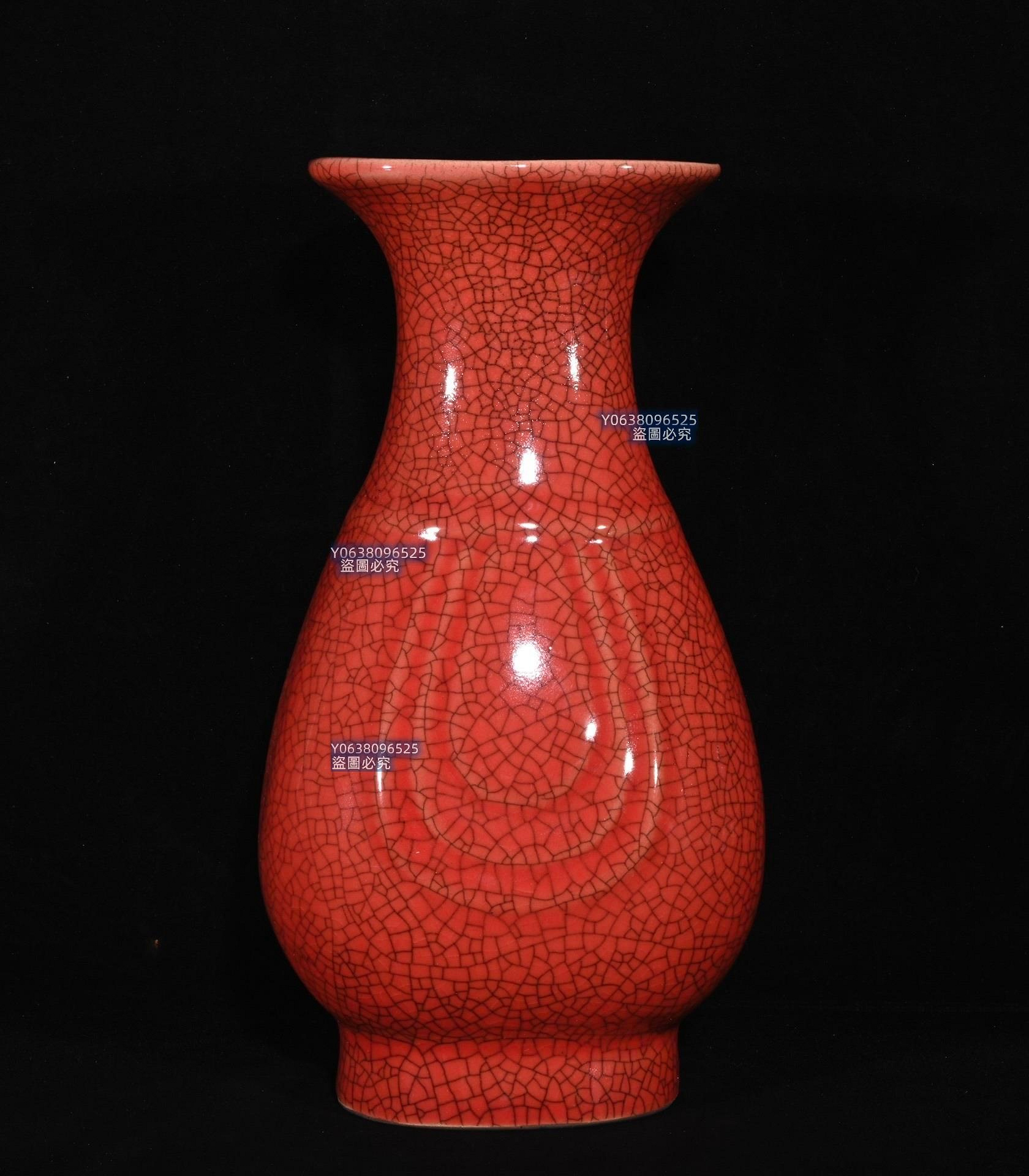 宋紅釉東京官窯宋徽宗御貢款刻字描金海棠瓶，高22.5×12.厘米180939 官