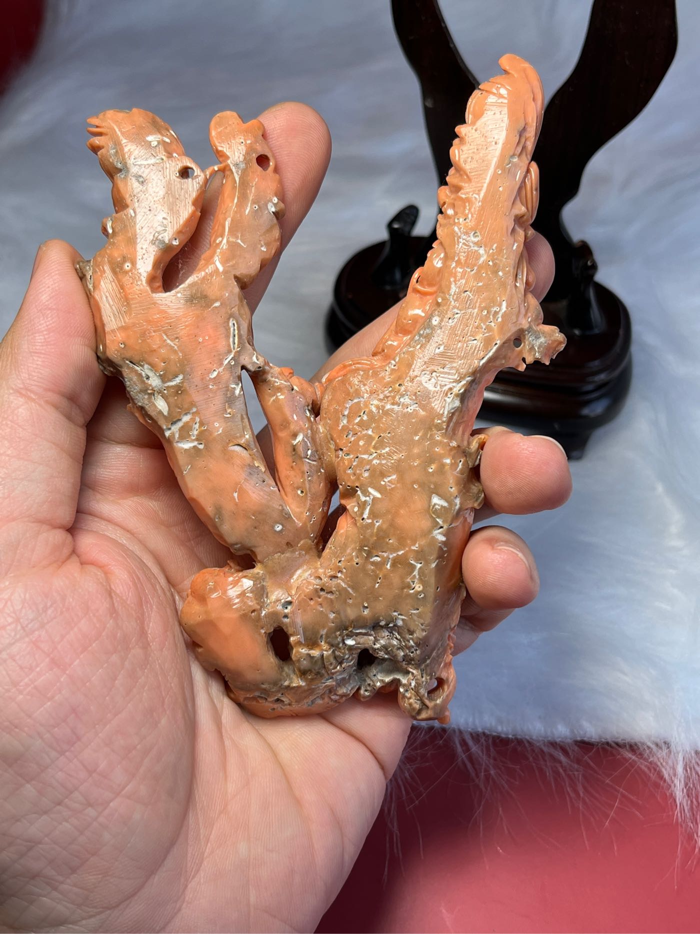 早期收藏天然MOMO紅珊瑚原礦樹枝大料雕刻如意招財飛龍在天擺件| Yahoo拍賣