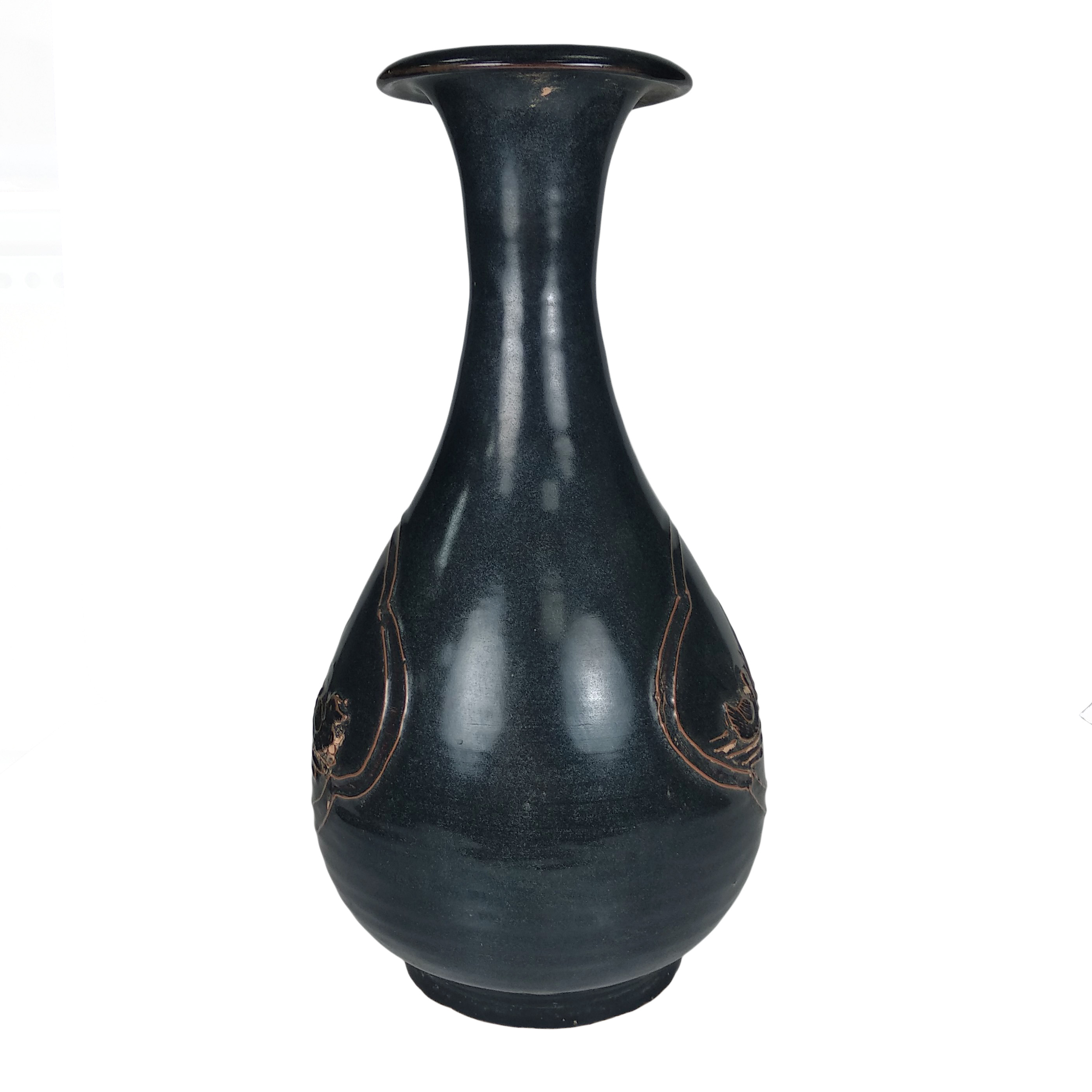 博古珍藏》宋．吉州窯黑釉刻鴛鴦圖玉壺春瓶．早期收藏．老件文物．花瓶