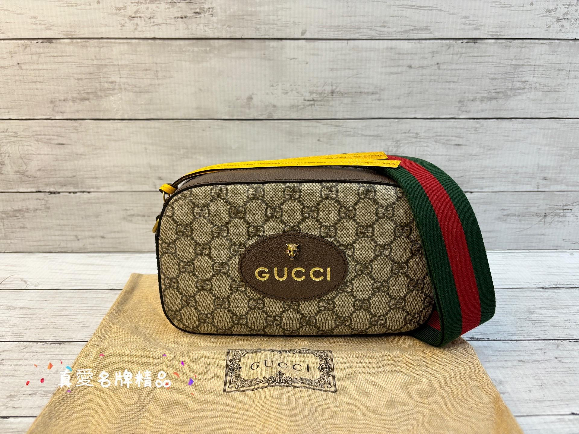 真愛名牌精品》GUCCI 476466 咖啡色虎頭PVC 綠紅綠背帶拉鍊斜