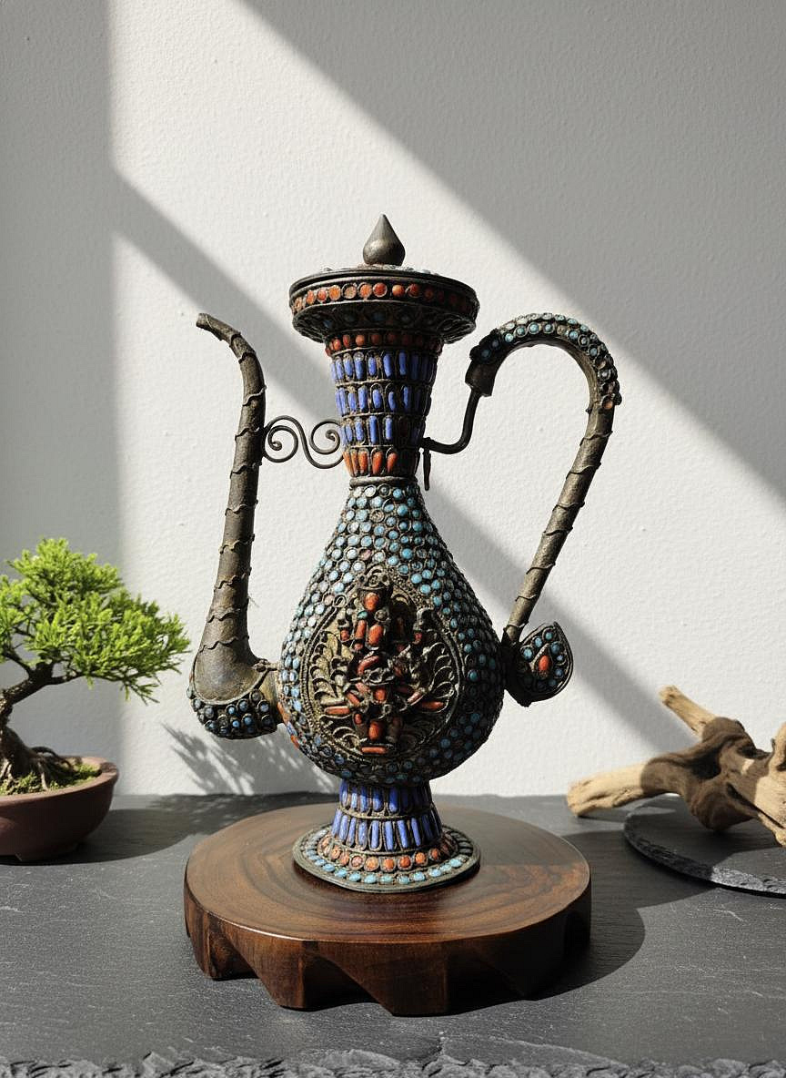 早期西藏手工老物- 藏銀花絲珊瑚綠松石銅酒壺（收藏/古董/天然/宗教