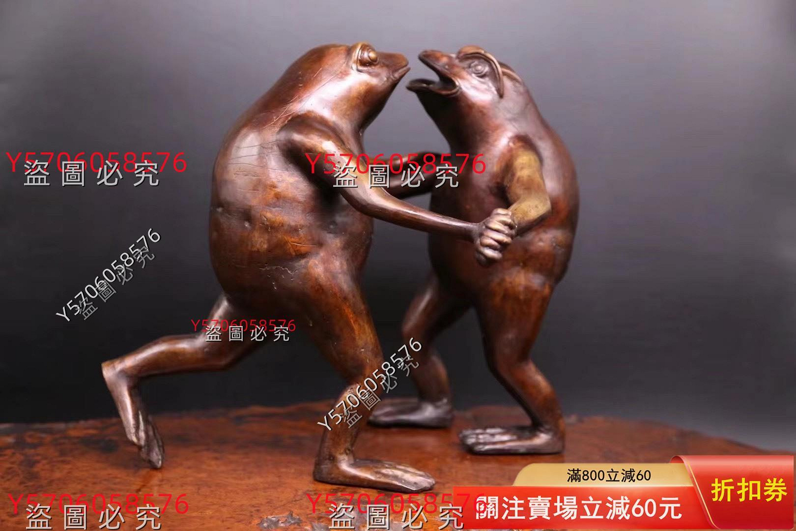 ブロンズ像　古銅　蛙　紙鎮　置物　一對　在銘　C　R6540E 昭和時代庭院銅像置物《相撲蛙，打架的青蛙銅像》 日本銅像置物，日本