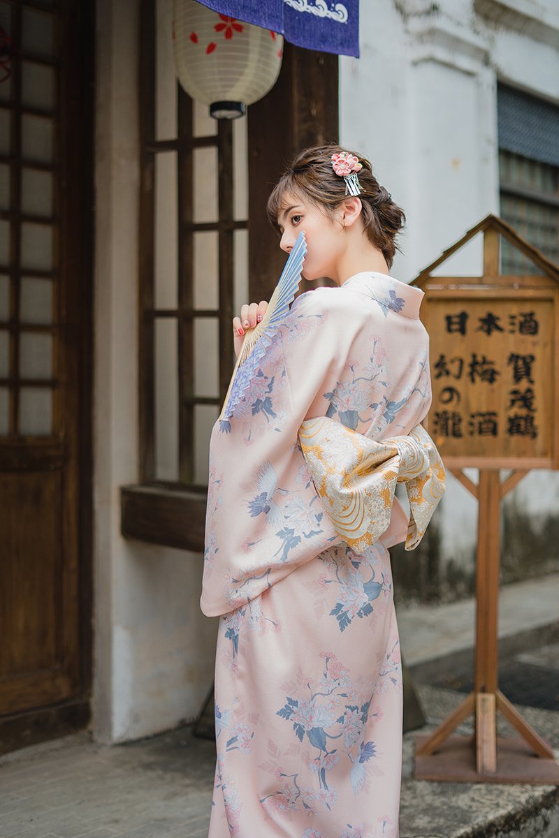 月下和服橘粉仙鶴女款日本和服浴衣溫柔文藝復古日系改良和服| Yahoo拍賣