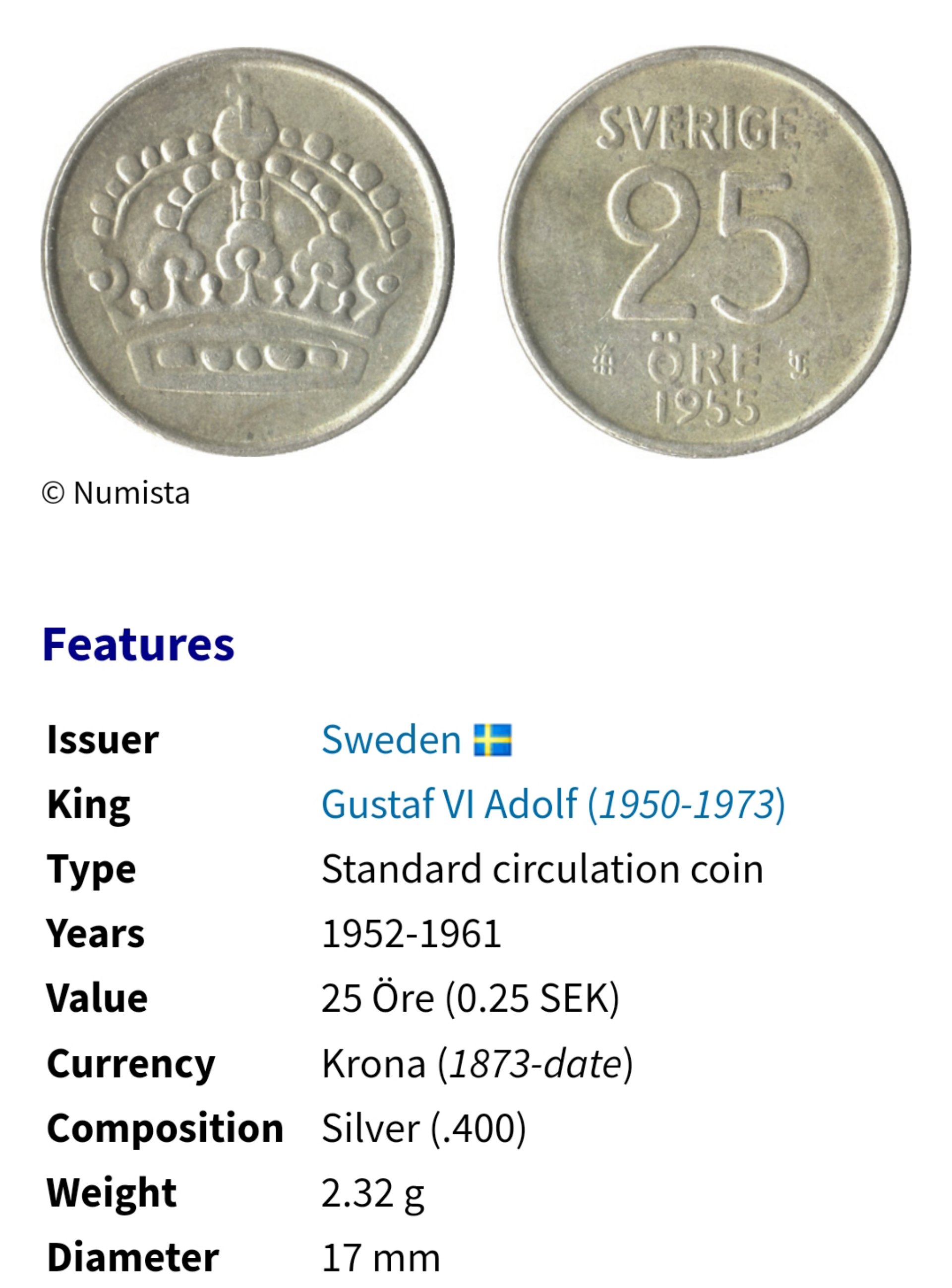 瑞典1953年古斯塔夫6世阿道夫25 ORE 銀幣(40%銀) 1299 | Yahoo拍賣
