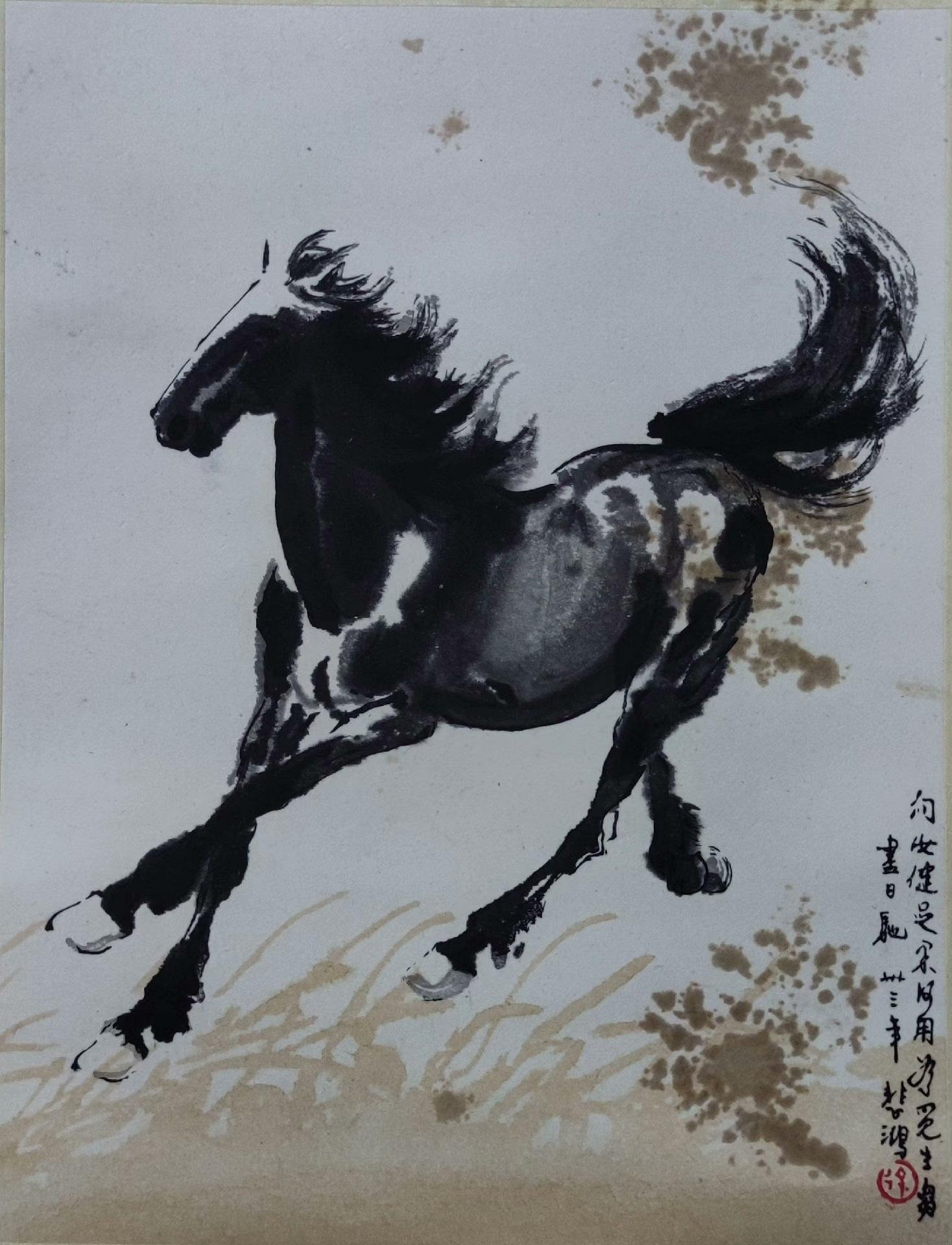 徐悲鴻　奔馬　木版水印　掛軸　送料込み260523 嚴選徐悲鴻奔馬圖木版水印字畫，60至70年代佳作綾裱紙本裝裱收藏品奔馬