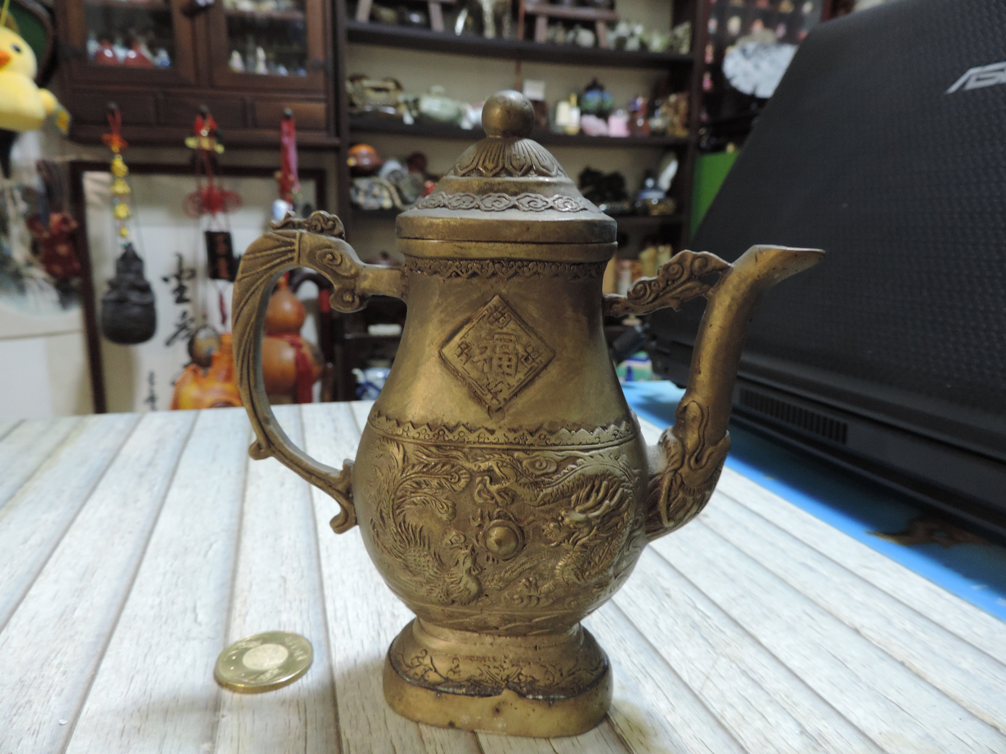 禎安丹雜藝~龍鳳銅壺銅雕福字酒壺茶壺龍鳳呈祥浮雕銅壺收藏擺件有款