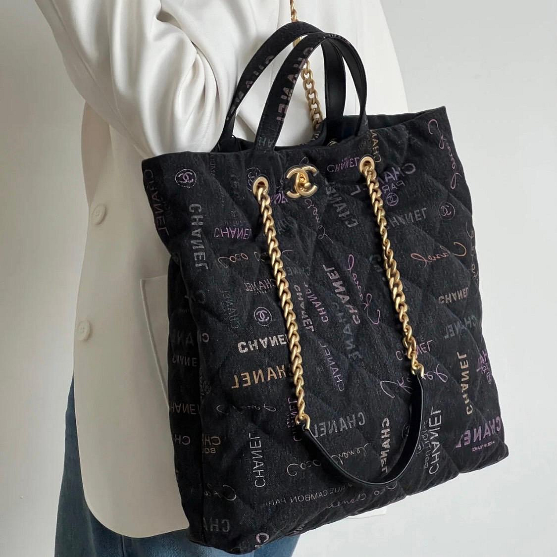 【翰貝格名牌館】全新真品 CHANEL 絕版 黑色 牛仔 塗鴉 字母 金鍊 托特包 購物包 AS3128 現貨LW