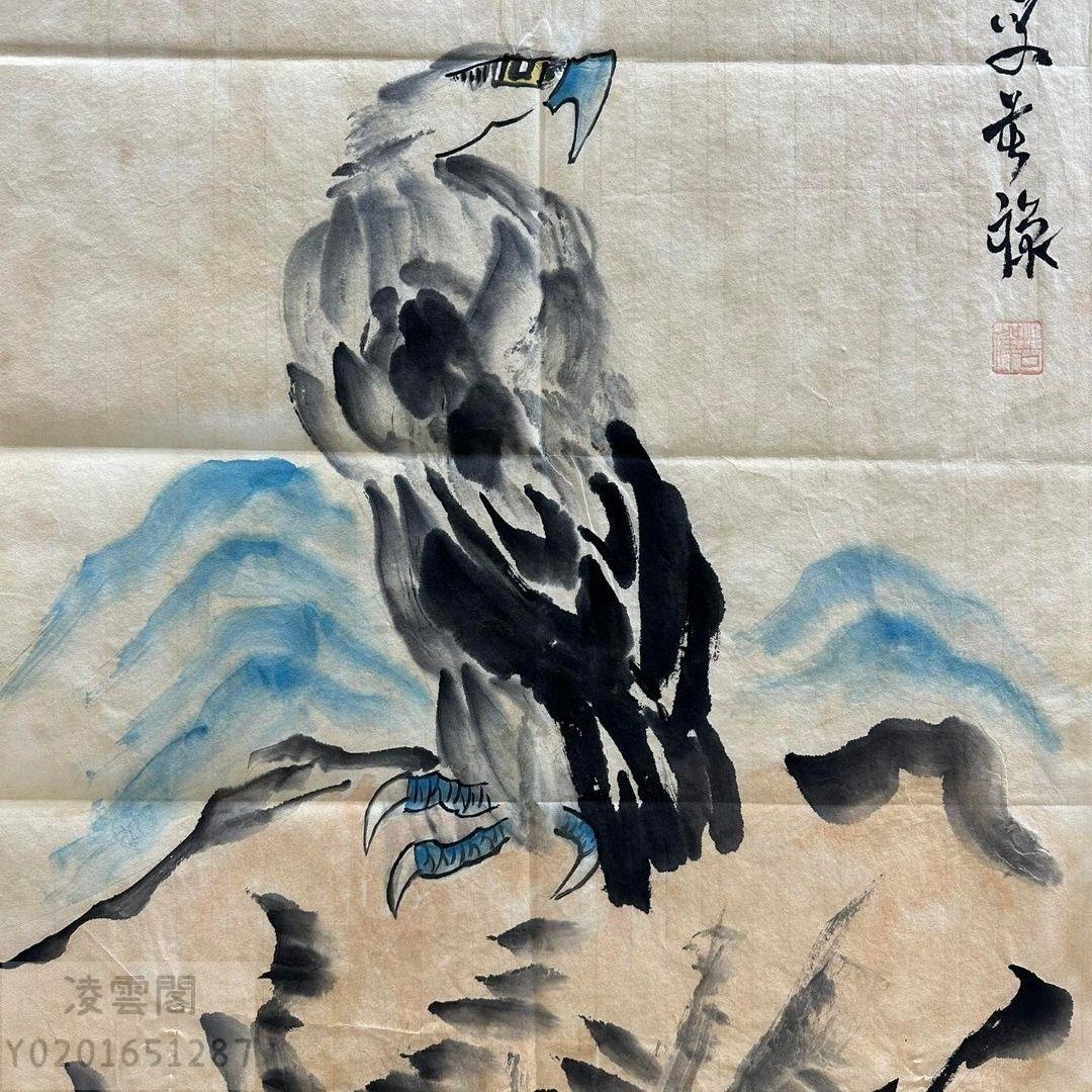 中国古美術・純手描き・四条屏・鹰画芯・国画・李苦禅印款・肉筆・宣紙・文房置物 中国古美術・純手描き・四条屏・鹰画芯・国画・李苦禅印款・肉筆