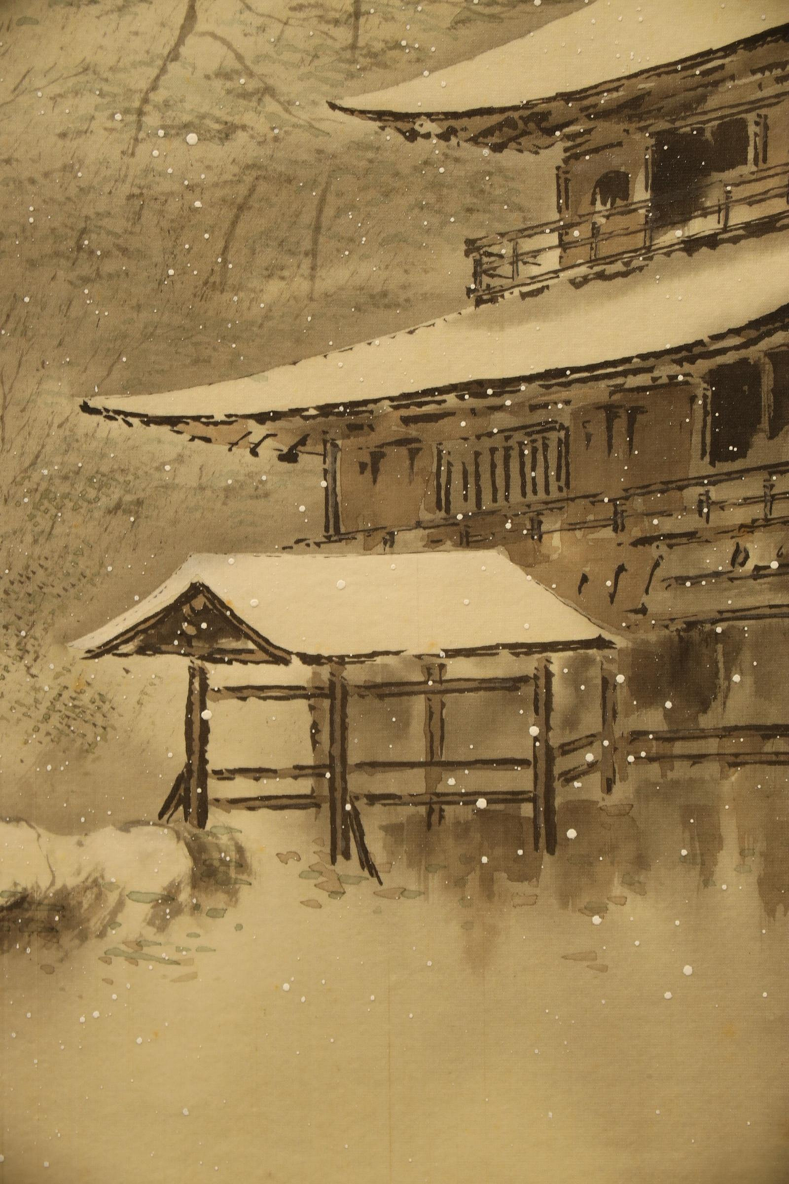 【金閣寺雪景図】三宅呉暁 990 共箱 京都　掛け軸　肉筆 10/8結標日本金閣雪景圖掛軸水墨淡彩京都禪寺樓閣共箱XEI0466 --搜索用