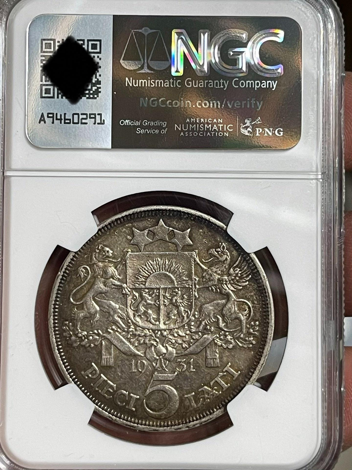 1931年拉脫維亞5拉特銀幣NGC XF細節分含銀83.5% 克重25g 錢幣收藏老包