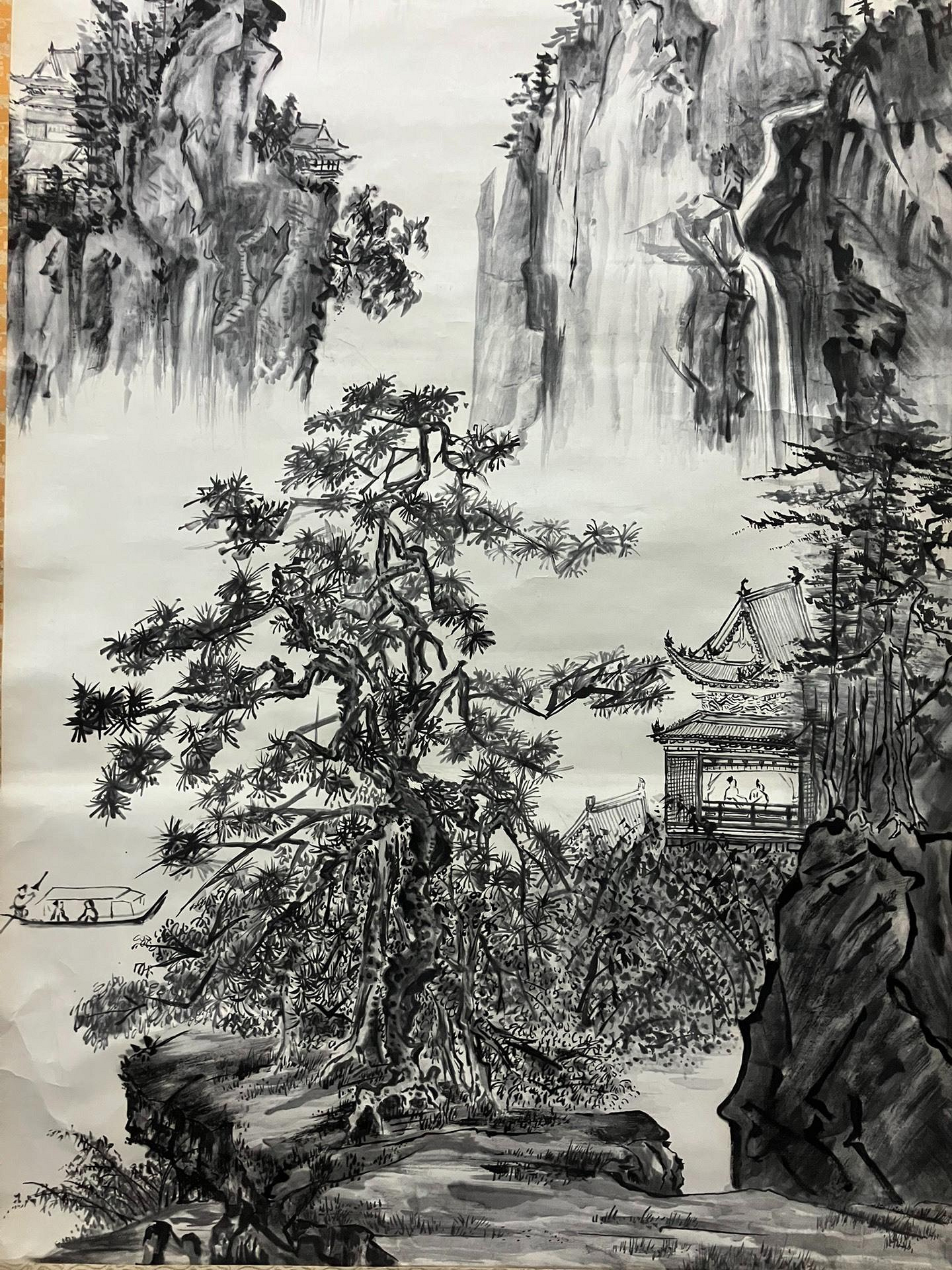 瑞云四尺大幅山水畫中堂《松山溪閣圖》國畫書法古玩字畫紙本綾裱畫心