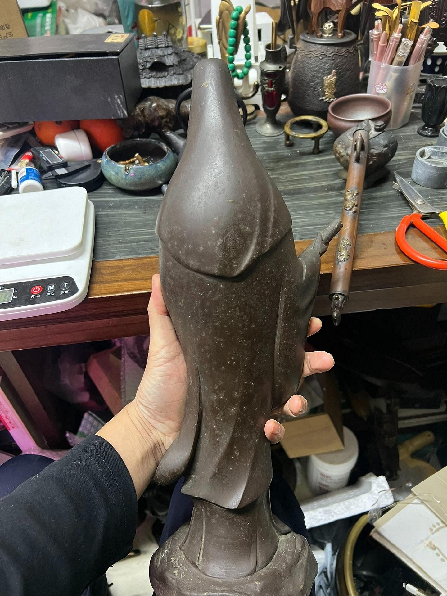 銅像 銅佛像 置物 時代物 古美術 日本金工師芳山作老銅觀音菩薩佛像，底部有款芳山作，開臉非常
