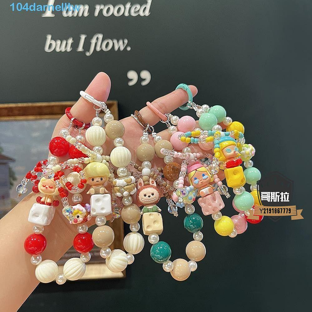 珠子Labubu鑰匙圈 手工製作的弓愛哭鬼手機鏈 防水的樹脂糖果色卡通娃娃掛件【哥斯拉】