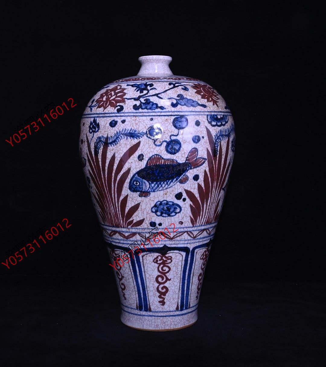 元青花釉里紅魚藻紋開片梅瓶，高43×25厘米40012332 | Yahoo拍賣
