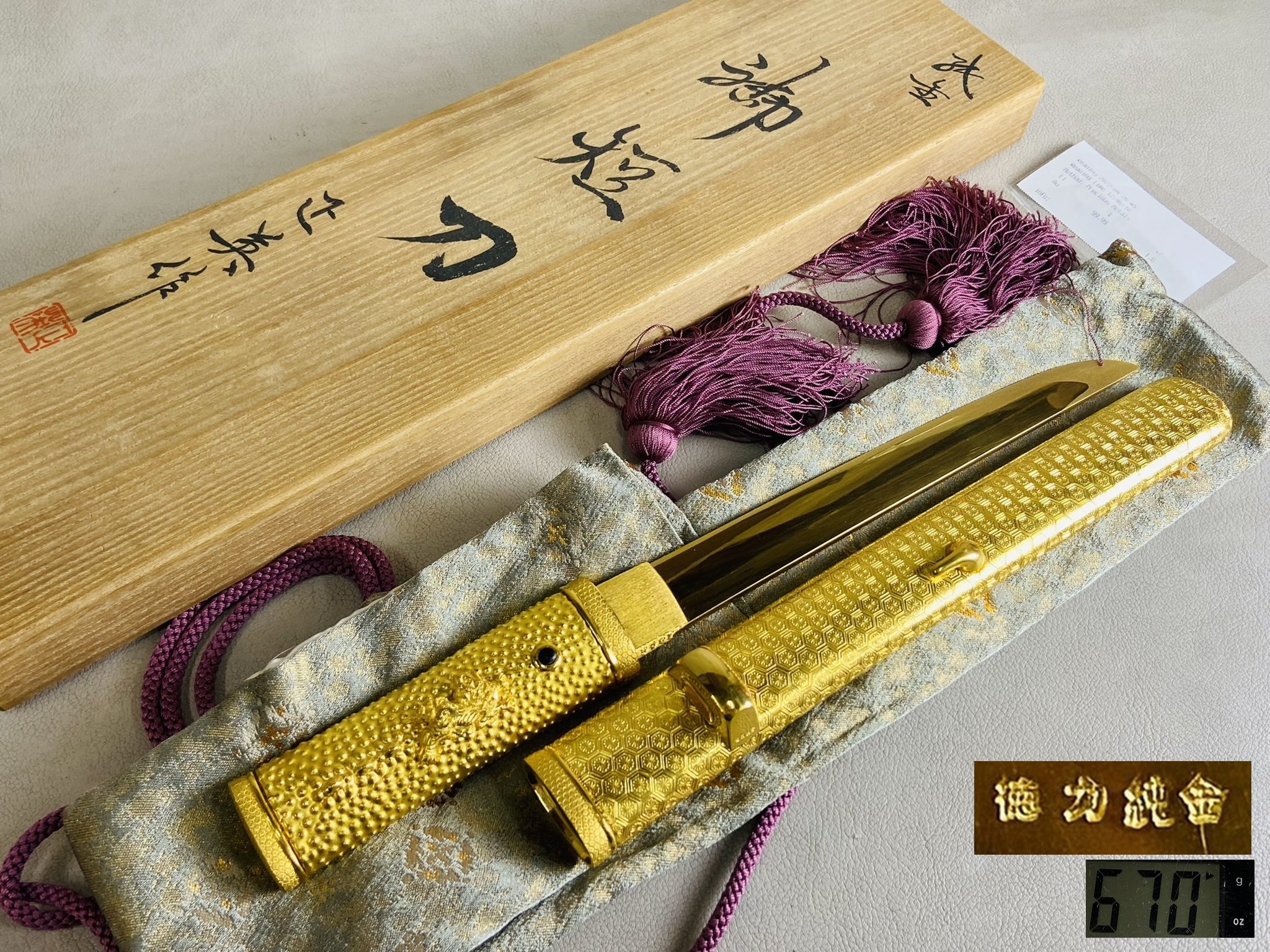 藏舊尋寶屋】老日本製刀名匠水戶住正英作德力99.99% 純金製「御
