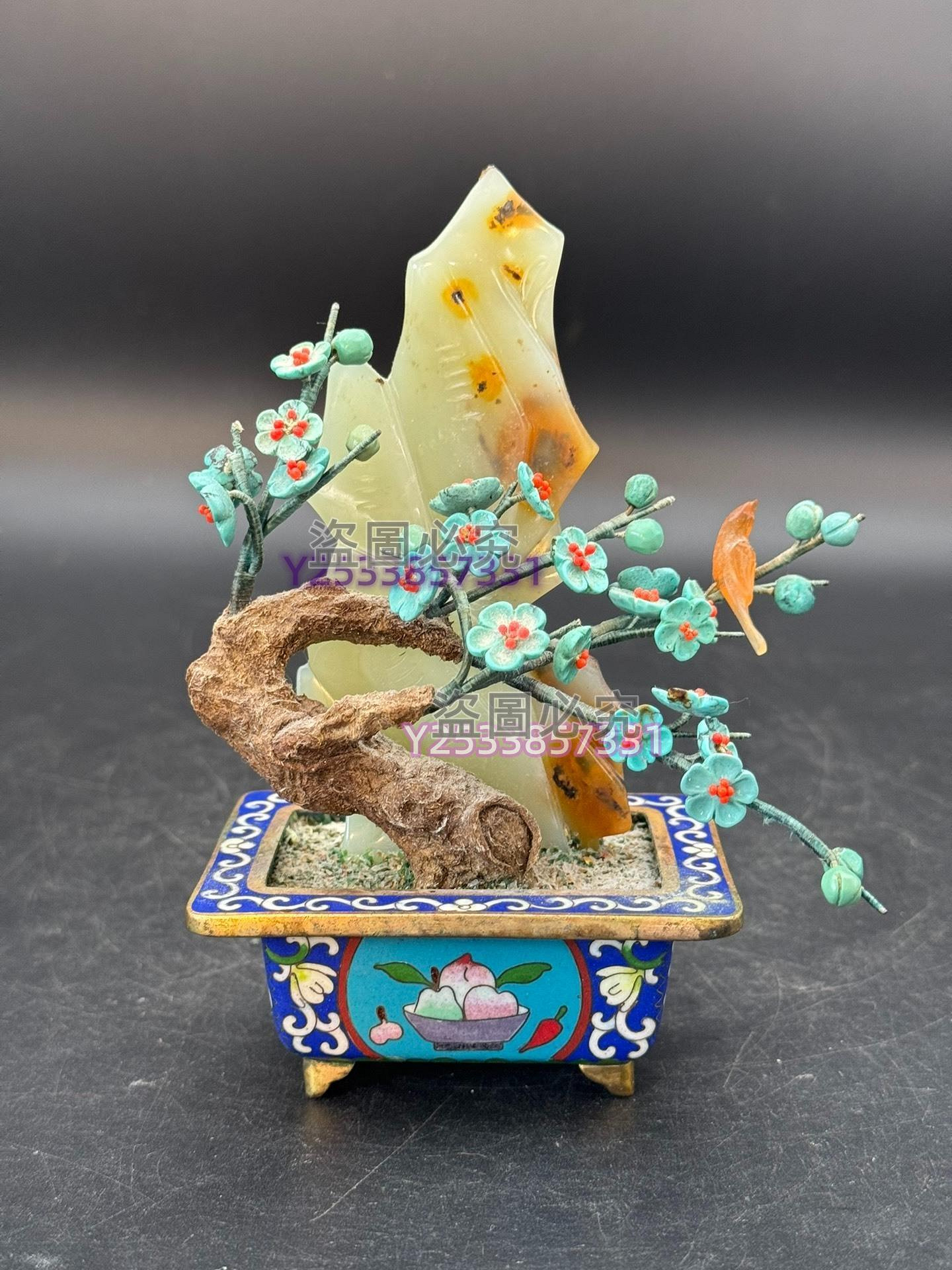 景泰藍玉石盆景綠松梅花瑪瑙小鳥岫巖玉假山配博古紋景泰藍盆非常