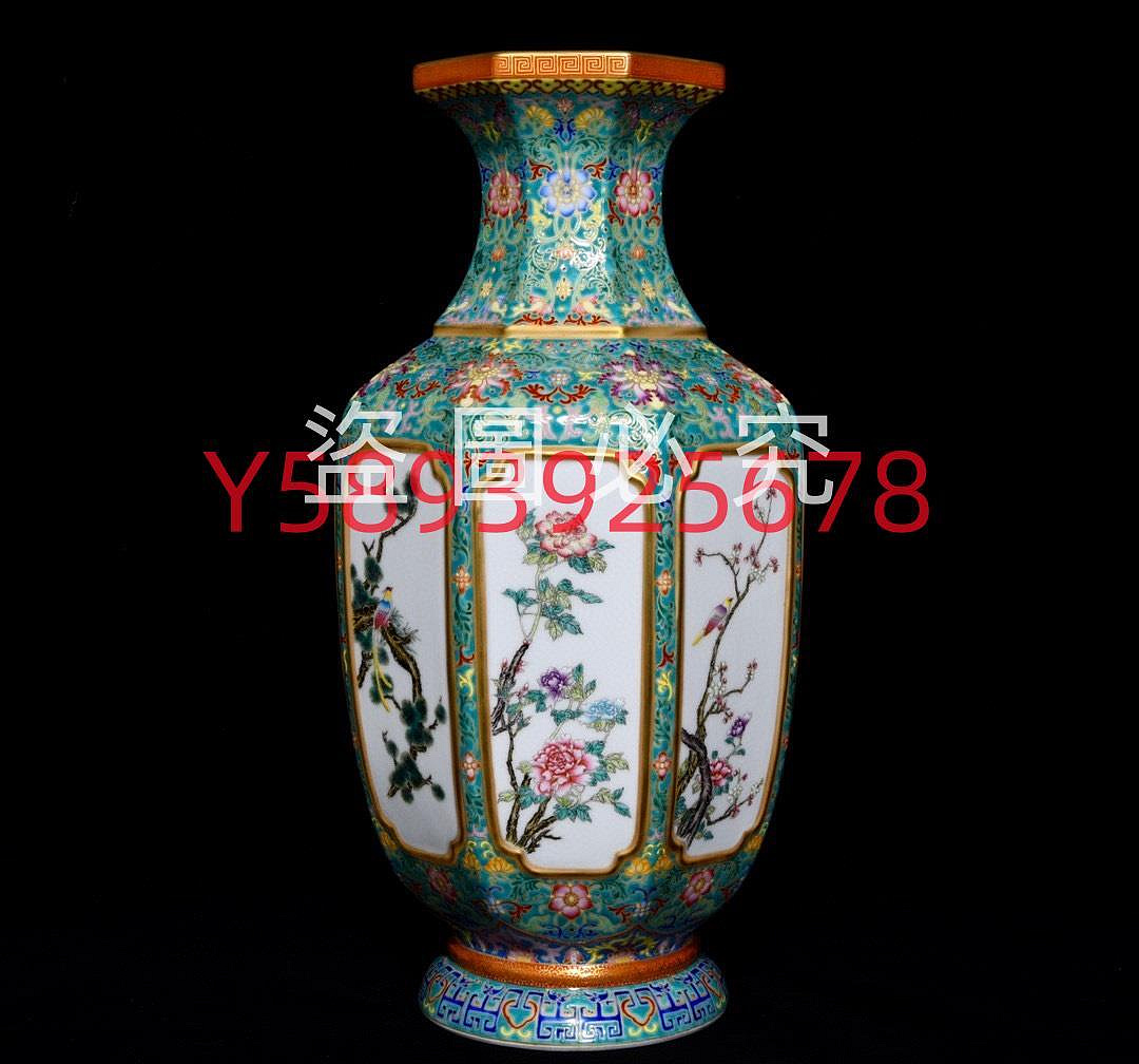 可議價清乾隆琺瑯彩鎏金花鳥紋八方燈籠瓶，高46cm直徑25cm 瓷器古董古