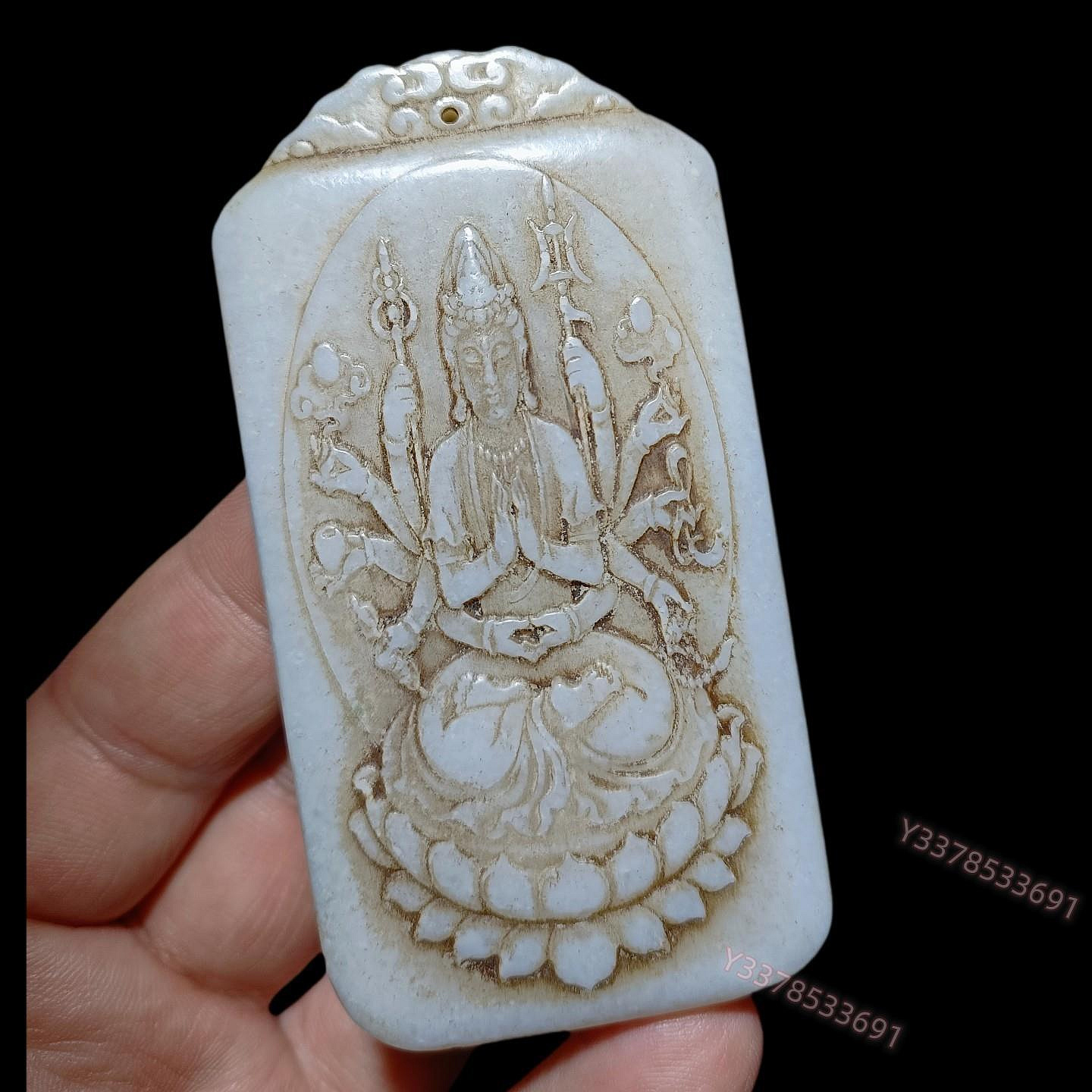 中古 和田玉 双面花卉文透彫包銀玉牌 花瓶意匠 彫刻佩飾 CL0129 清代和田玉【千手觀音】牌子雕刻精美玉質溫潤收藏佩戴珍品【東方舊物