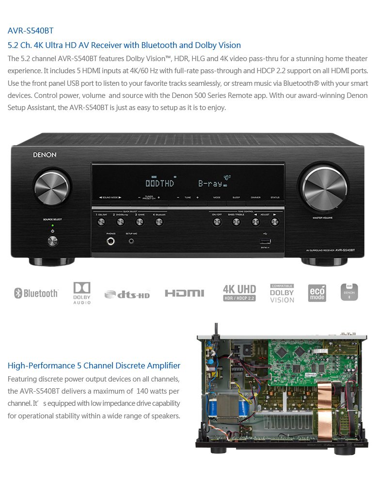 風尚音響】DENON AVR-S540BT 5.2聲道家庭劇院 AV 環繞擴大機 ✦已停產