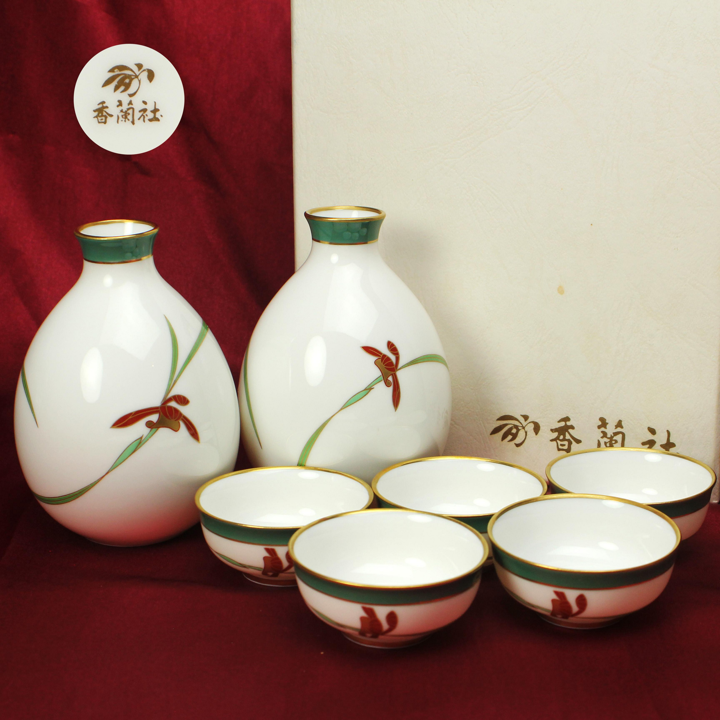 桑園の】日本香蘭社高級瓷器松石綠蘭繪薄胎燙金德利酒杯清酒器套組Q