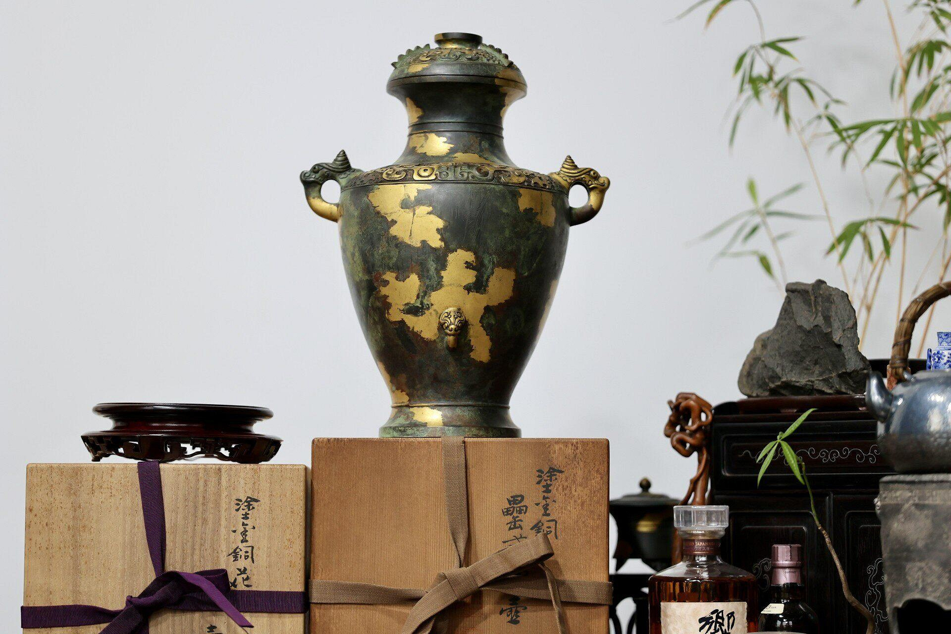 四世秦藏六造】周代犧耳饕餮紋罍式花器壺仿西清古鑑青銅涂金蠟鑄博古清