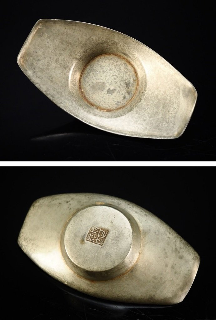 日本茶托】大師『沈存周』古錫茶托角印古錫製舟形茶托x五客☆附箱*總重