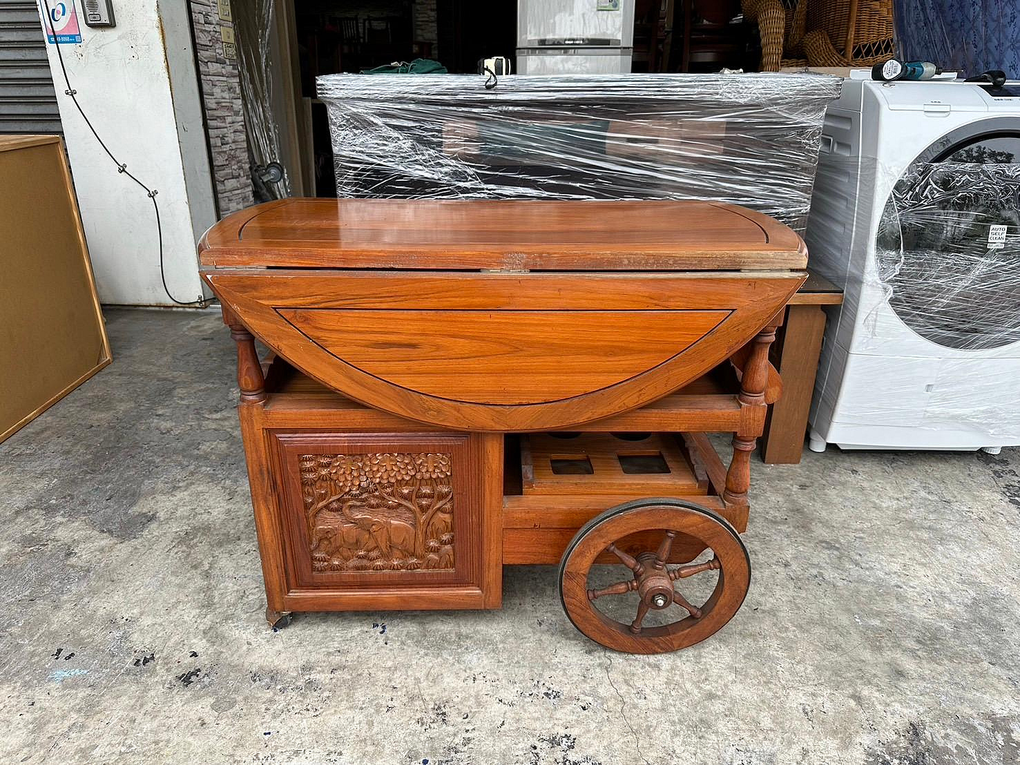 香榭二手家具*柚木實木3.5尺大象雕刻折疊餐車櫃-餐桌櫃-延伸桌-蝴蝶桌-吃飯桌-造型原木餐桌-酒櫃-桌櫃-推車櫃
