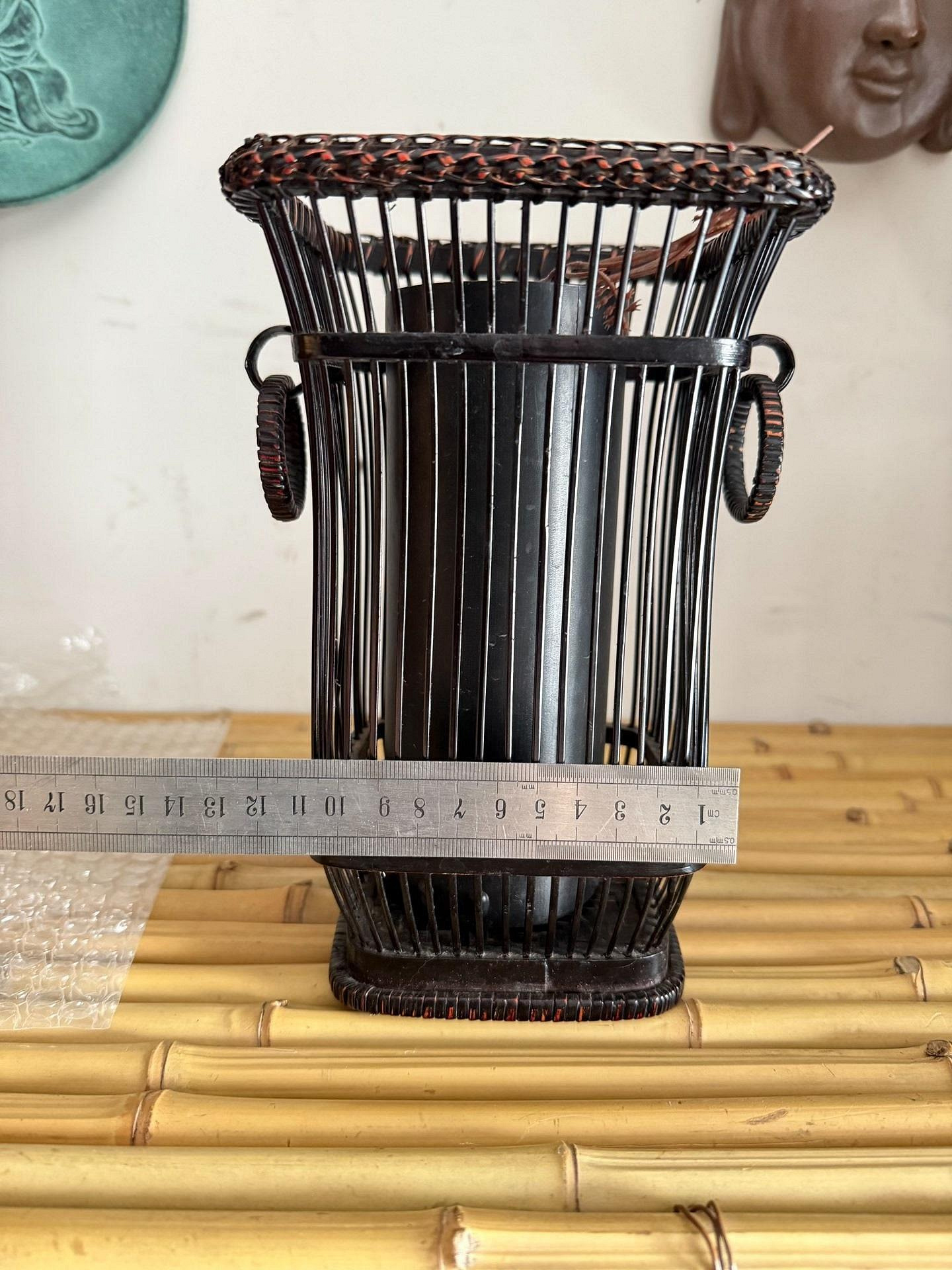二手】日本大漆竹編中古老竹編蘭胎漆器手工竹制品竹編花籠.花入.花器