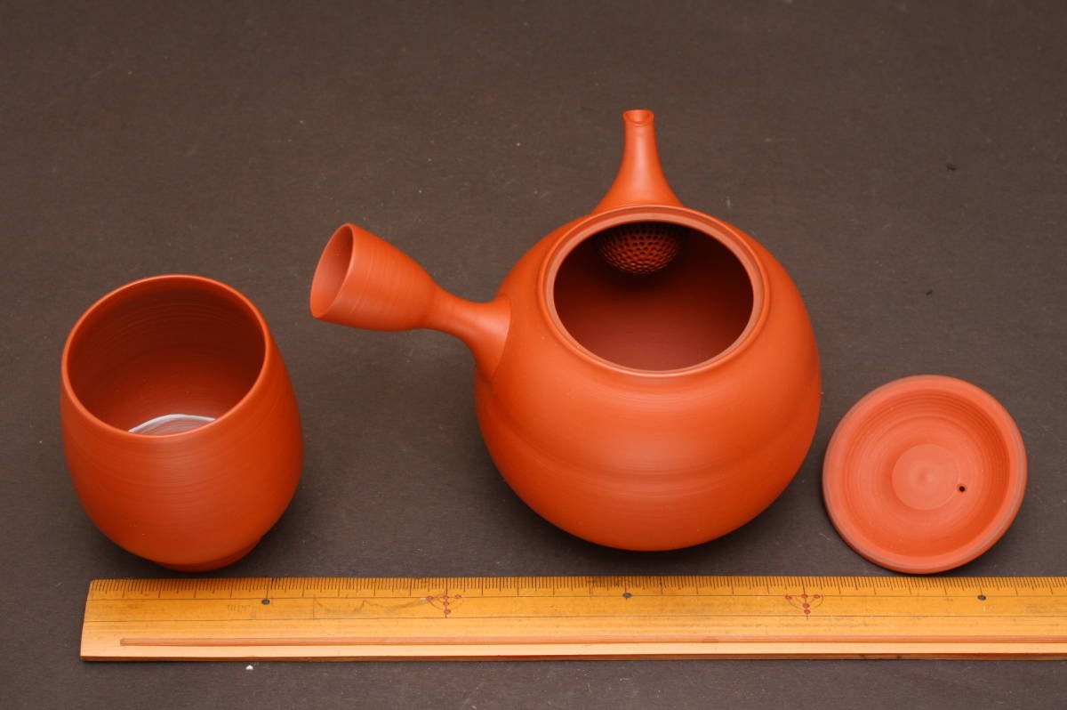 051常滑焼 清水源二 北條 朱泥茶器7点セット 木箱 共布