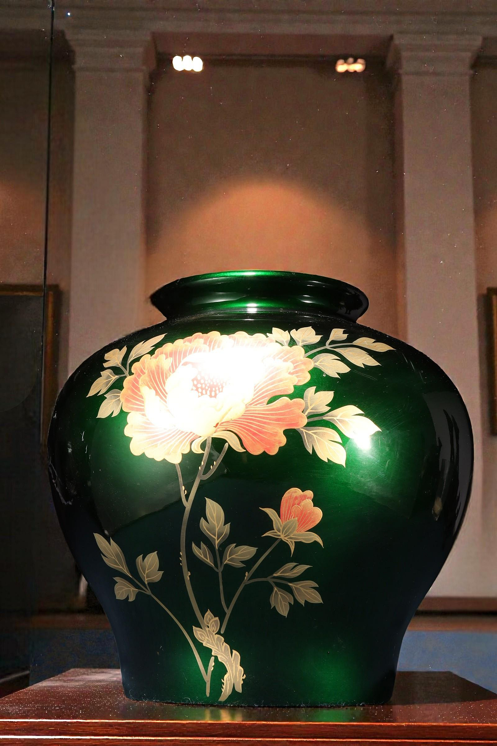 1/26結標日本七寶燒綠釉牡丹花瓶金彩琺瑯茶道花道擺飾CEA0590 -花道侘