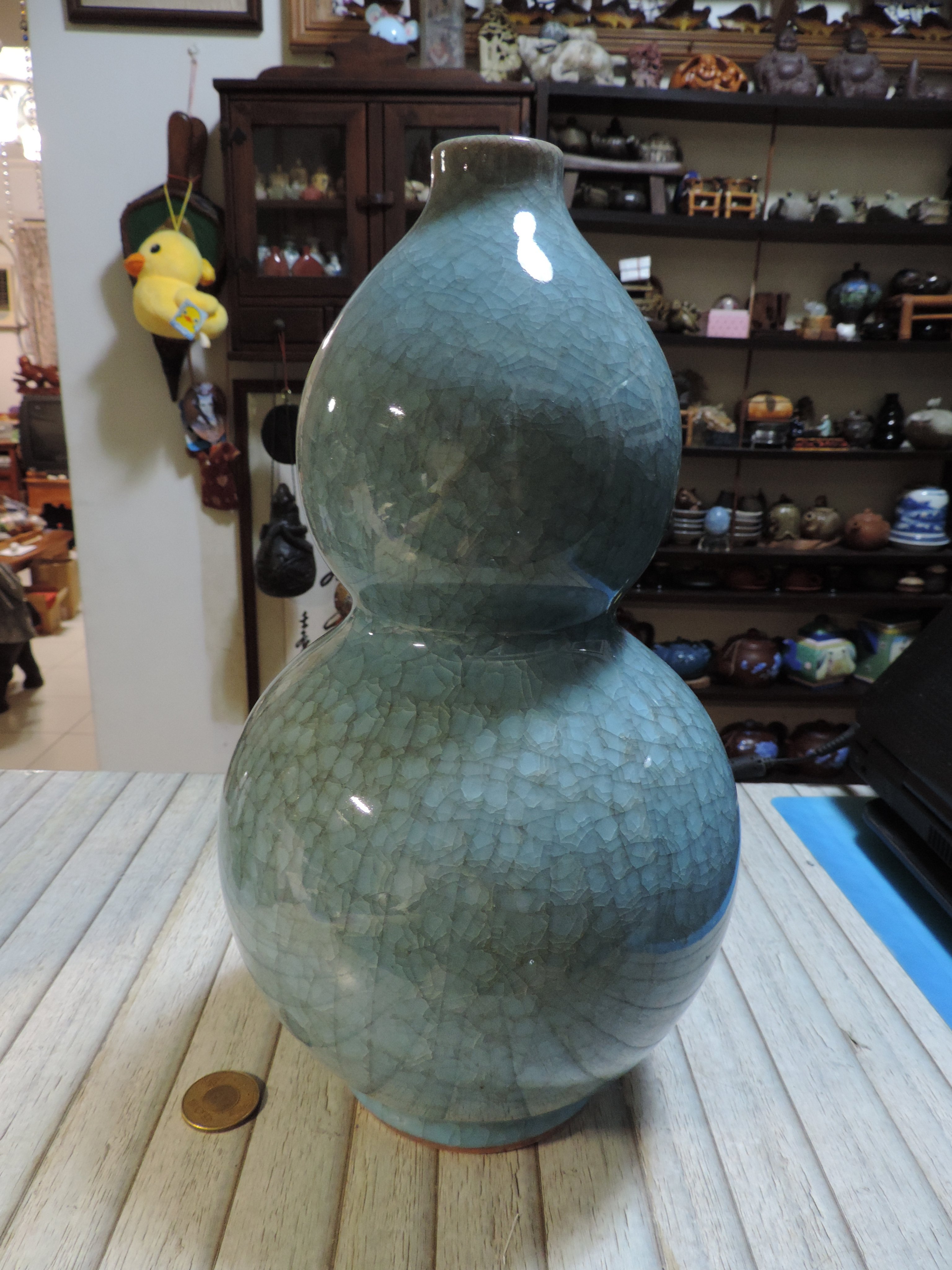 早期收藏~官窯青瓷葫蘆瓶藍冰片釉開片冰裂釉燒玫瑰開片結晶釉胎福祿