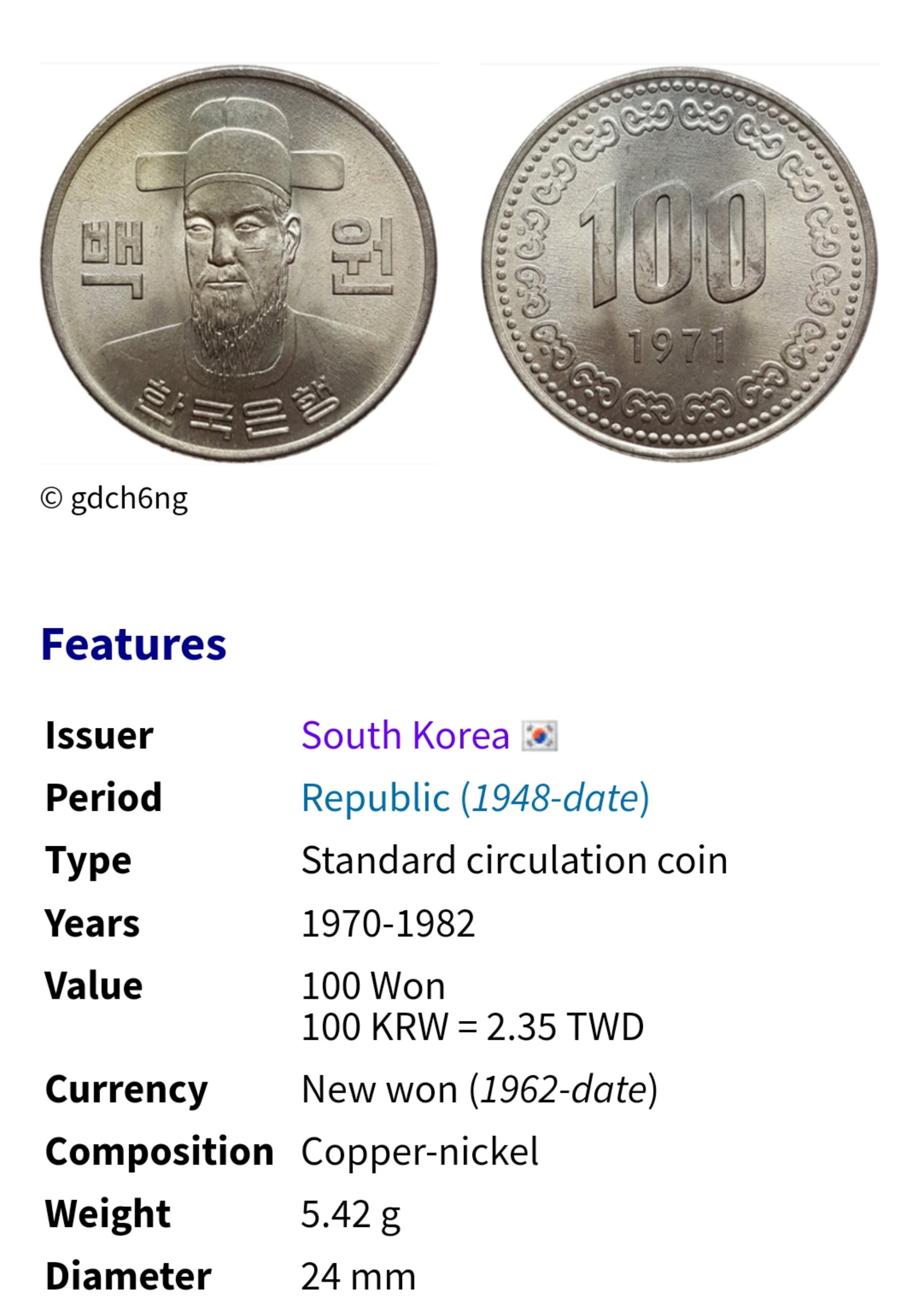 韓國1974年李舜臣將軍頭像100韓元鎳幣1001 | Yahoo拍賣