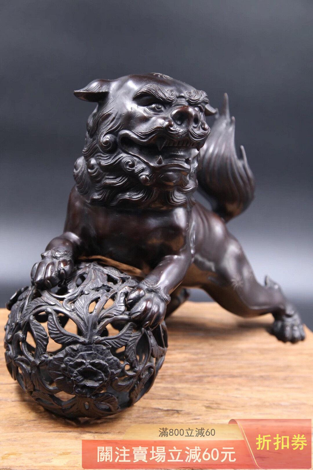可議價日本銅獅子唐獅子玉獅子獅子滾繡球銅獅擺件明治時代《銅造銀鑲嵌