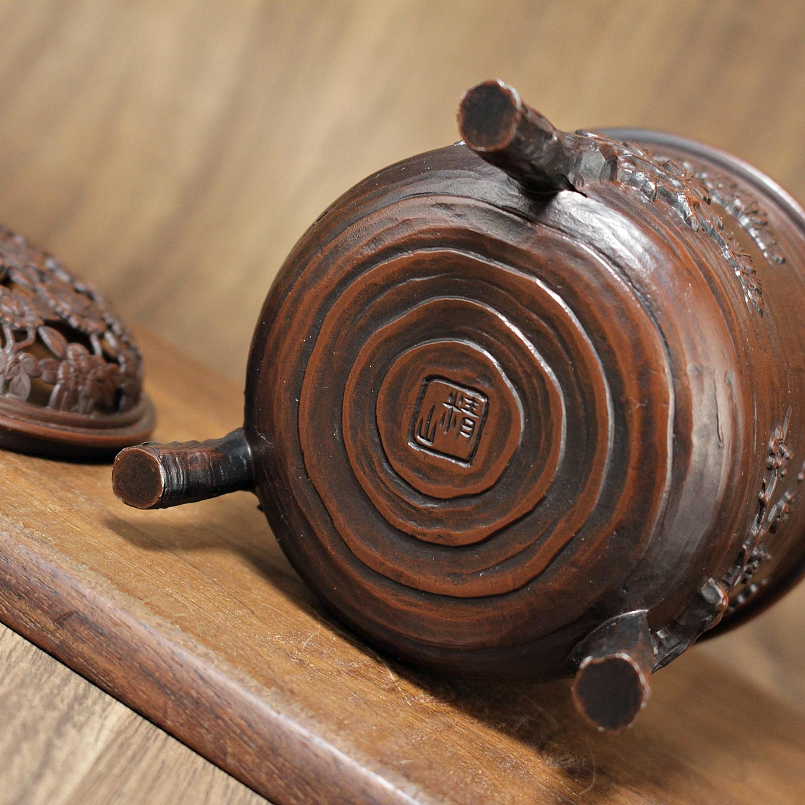 桑園の】日本古金工四君子梅、蘭、竹、菊透雕精美香爐名家精山作