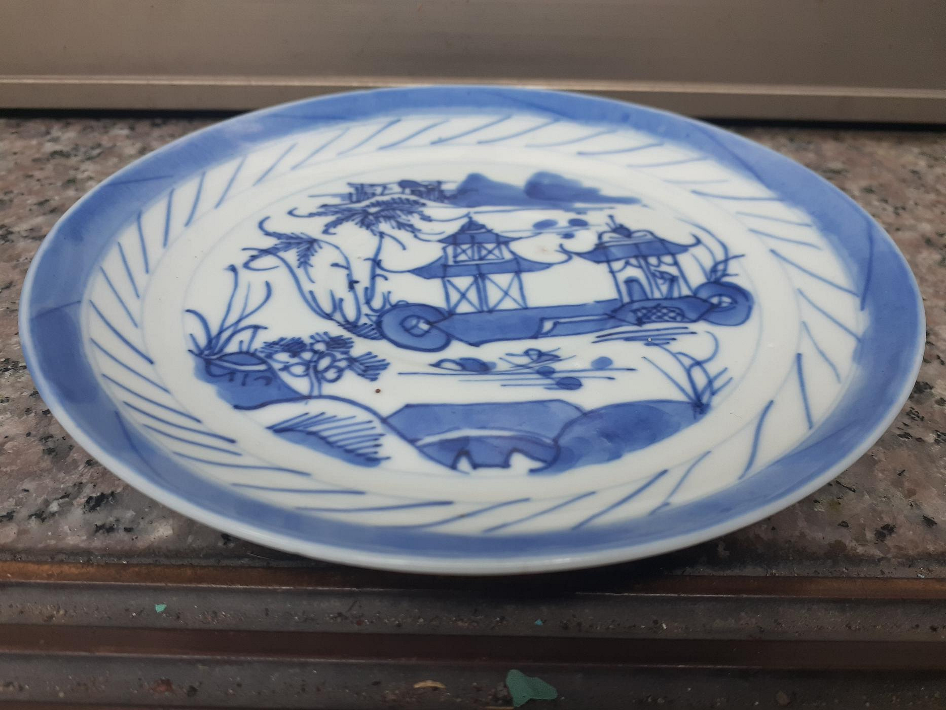清 青花山水紋盤 中国 古美術 清乾隆青花山水纹描金葵口