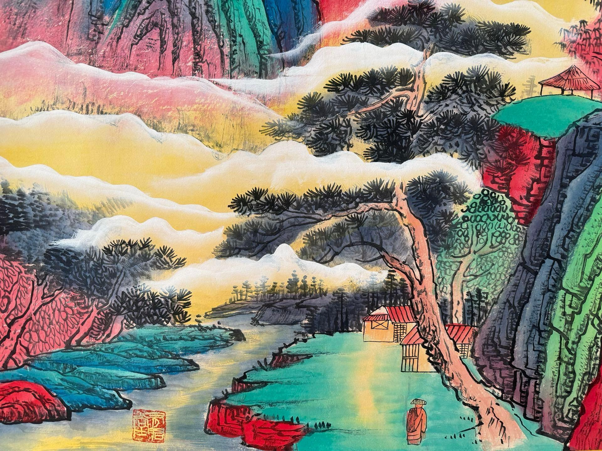 文物24【李可染】山水，四尺純手繪文物商中堂畫，裝裱尺寸：215*89cm