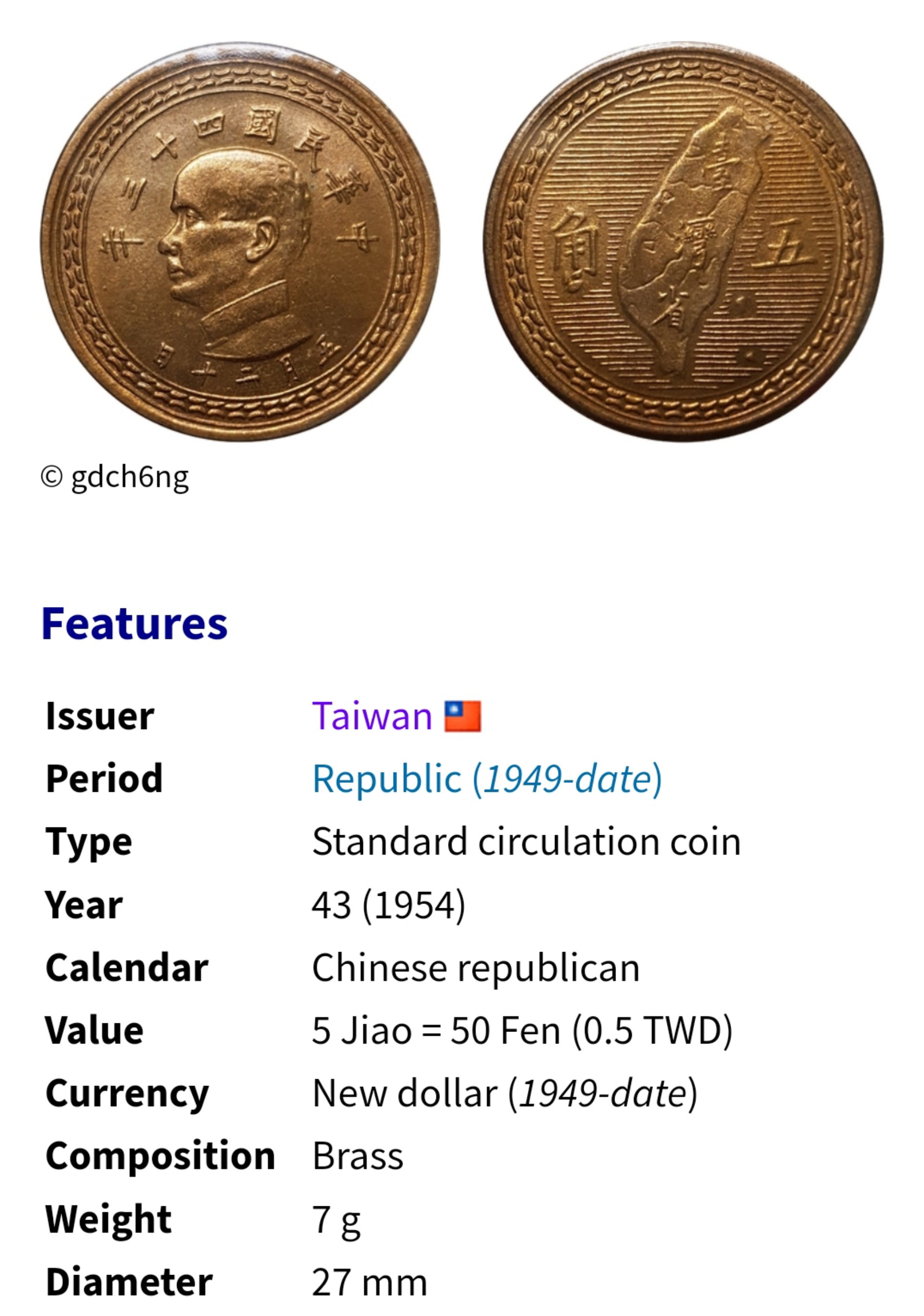 中華民國台灣民國43年(1954年) 5角五角銅幣1170 | Yahoo拍賣