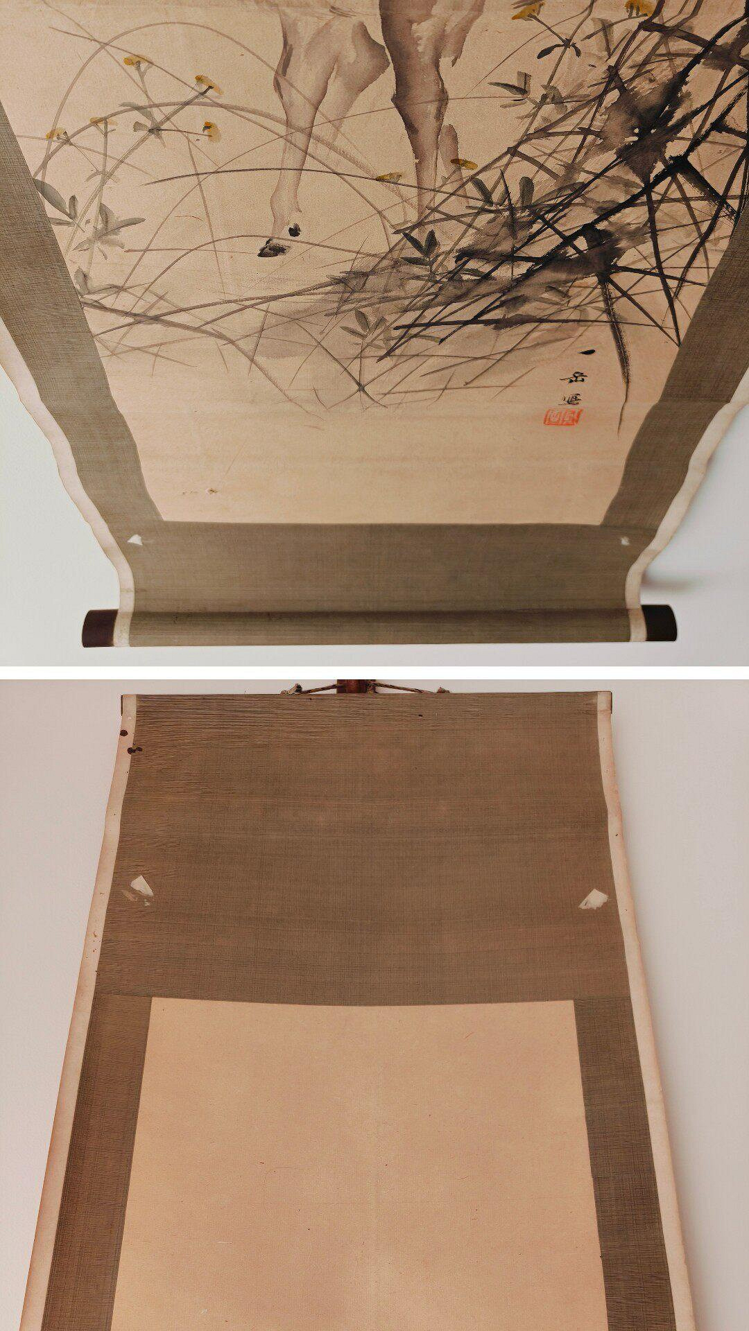 嚴選波多野一岳1877年創作的水墨秋景鹿圖，高級手工裝裱藝術掛軸