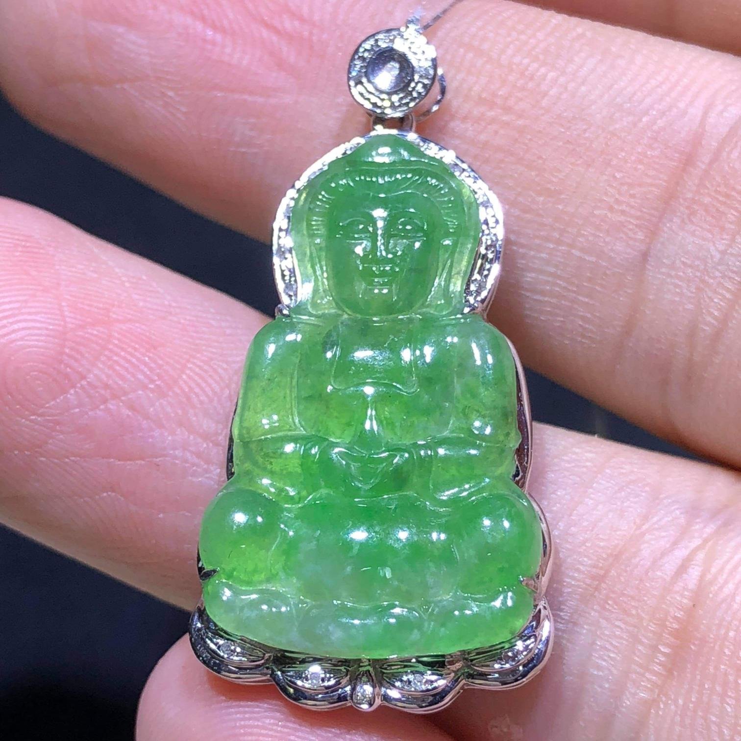 緬甸翡翠a貨足18K金真鑽鑲嵌冰陽綠翡翠觀音菩薩吊墜誠可議價裸石尺寸