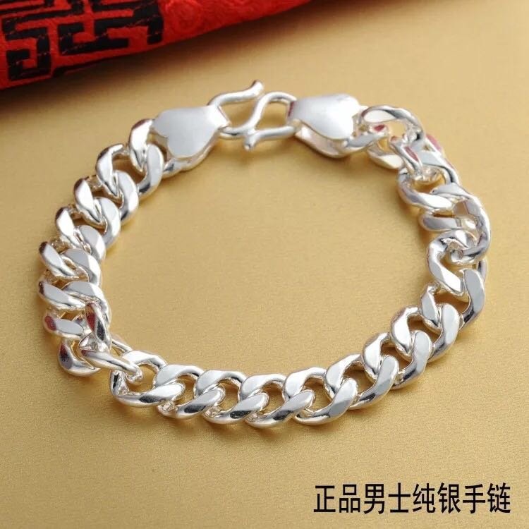 正品999纯银男士手链马鞭足纯银手链银饰（28克，全長18公分，面