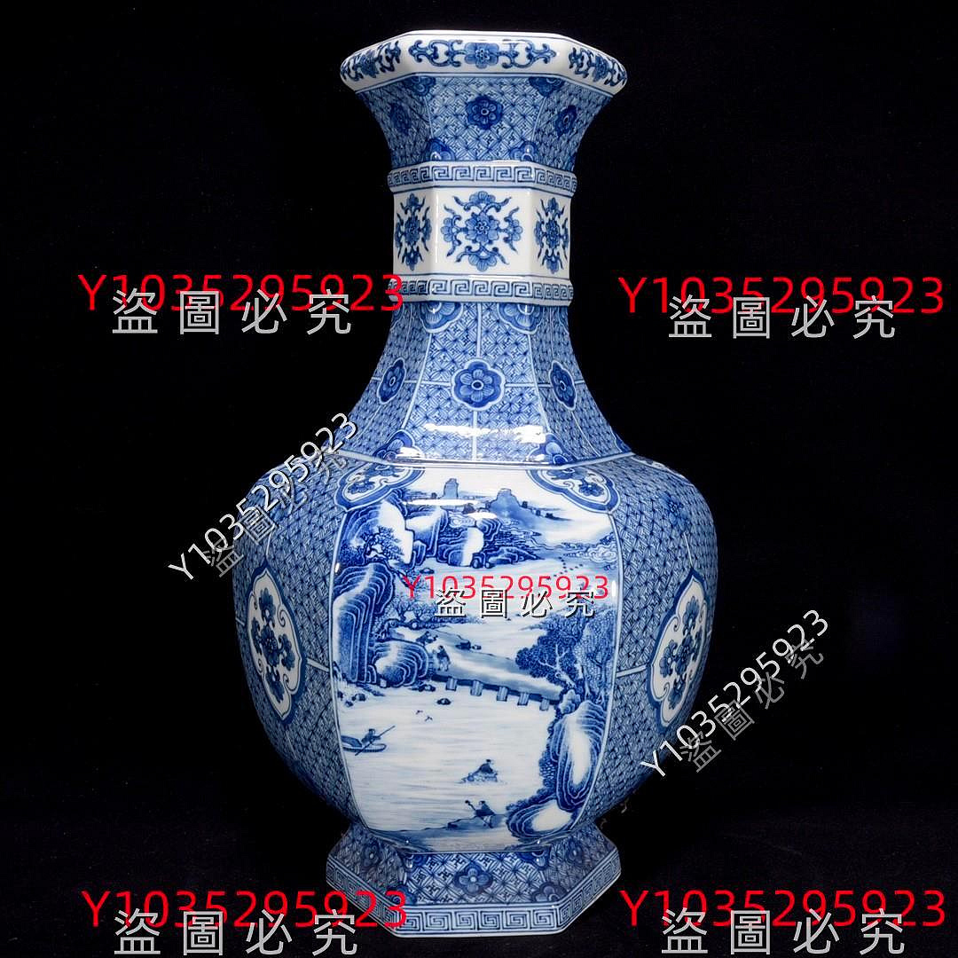 清乾隆時代　染付 青花山水楼閣紋四方花口大鉢　八角倭角供碗(B-111) 清乾隆青花開窗閣樓山水紋豎口瓶49×29 舊藏古董古玩【古齋】-2071